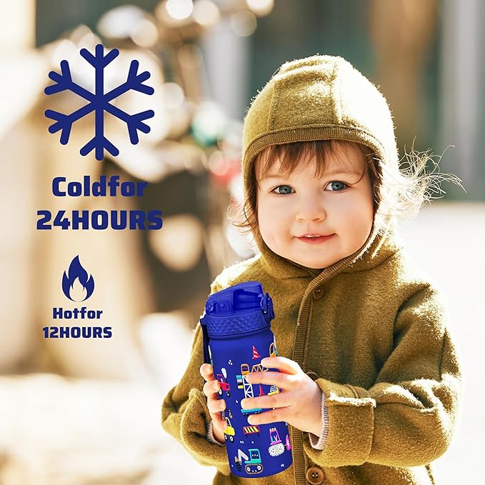 Kids Water Bottle, GOPPUS 18 oz Insulated Water Bottle with Straw, Double Vacuum Leakproof, BPA Free, for Boys and Girls, Blue Construction Truck