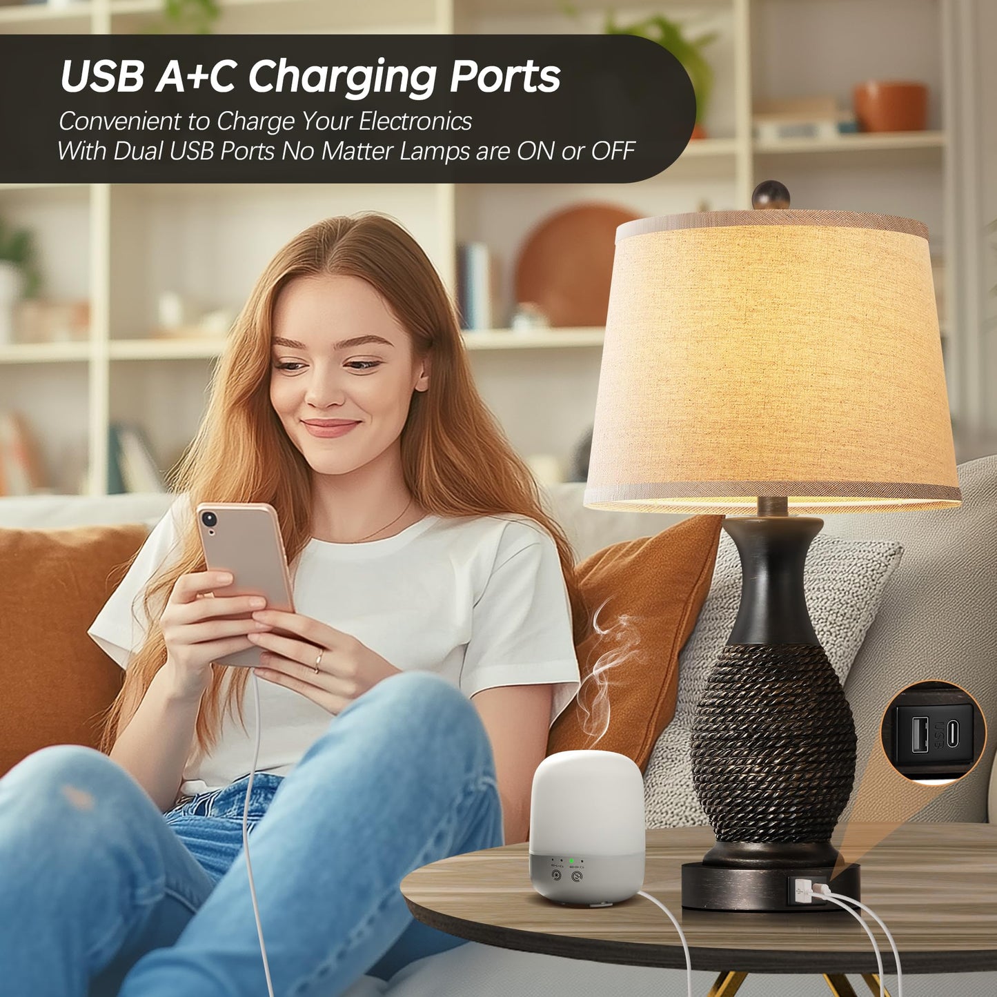 PARTPHONER Table Lamps Set of 2, Touch Control with USB C+A Ports, Linen Shade, 22.6in Black with Gold Accents, Model PALP367BB2