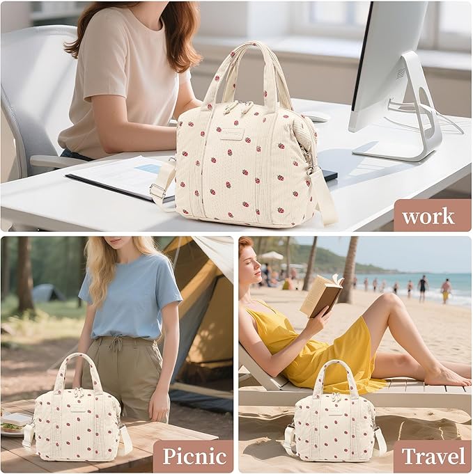 Lunch Bag Women Insulated Lunch Box,Cute Corduroy Lunch bags,Reusable Large Capacity Leakproof Cooler Bag with Adjustable Shoulder Strap for Men Adult Work Office Picnic Travel Strawberry