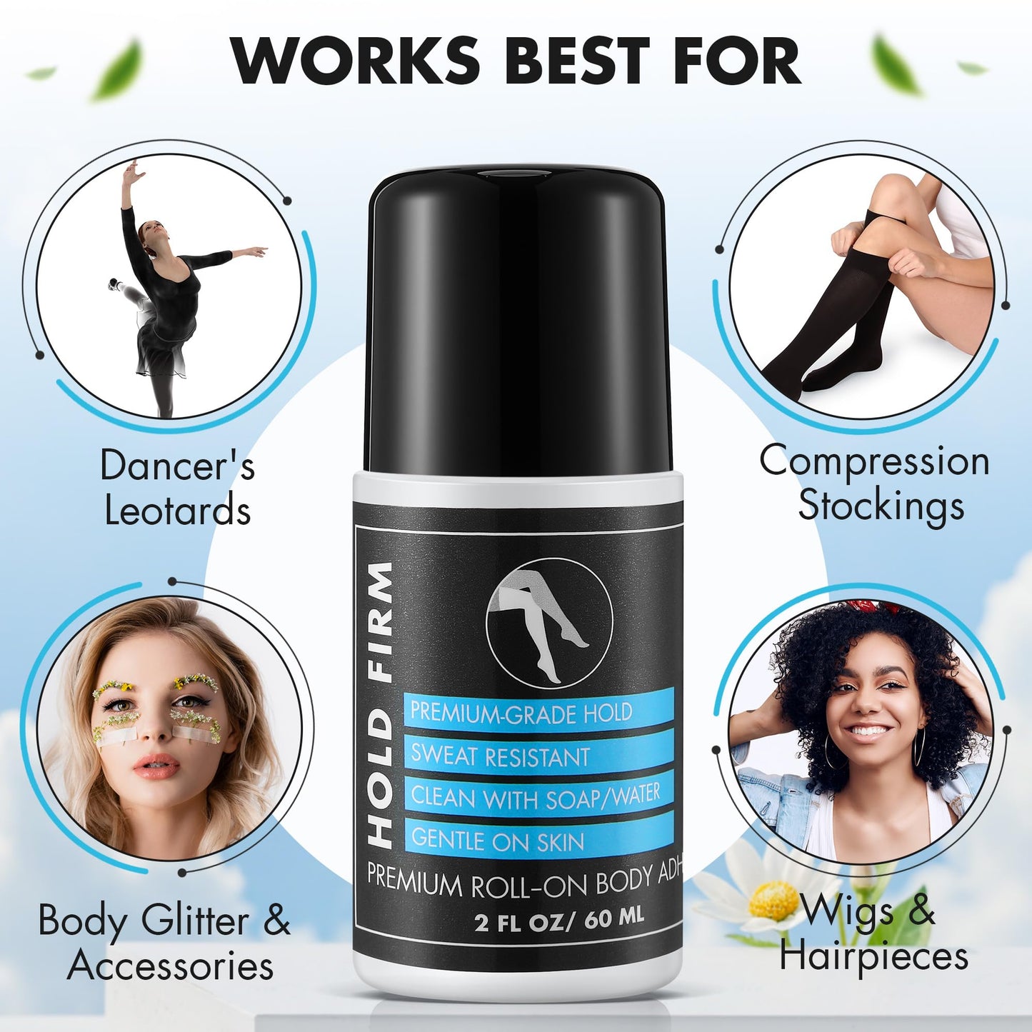HappyAlley 1 Pcs Roll On Body Glue for Dancers with Metal Tip Roller Ball, 2oz Sweat-Resistant Body Adhesive, Clear & Non Toxic