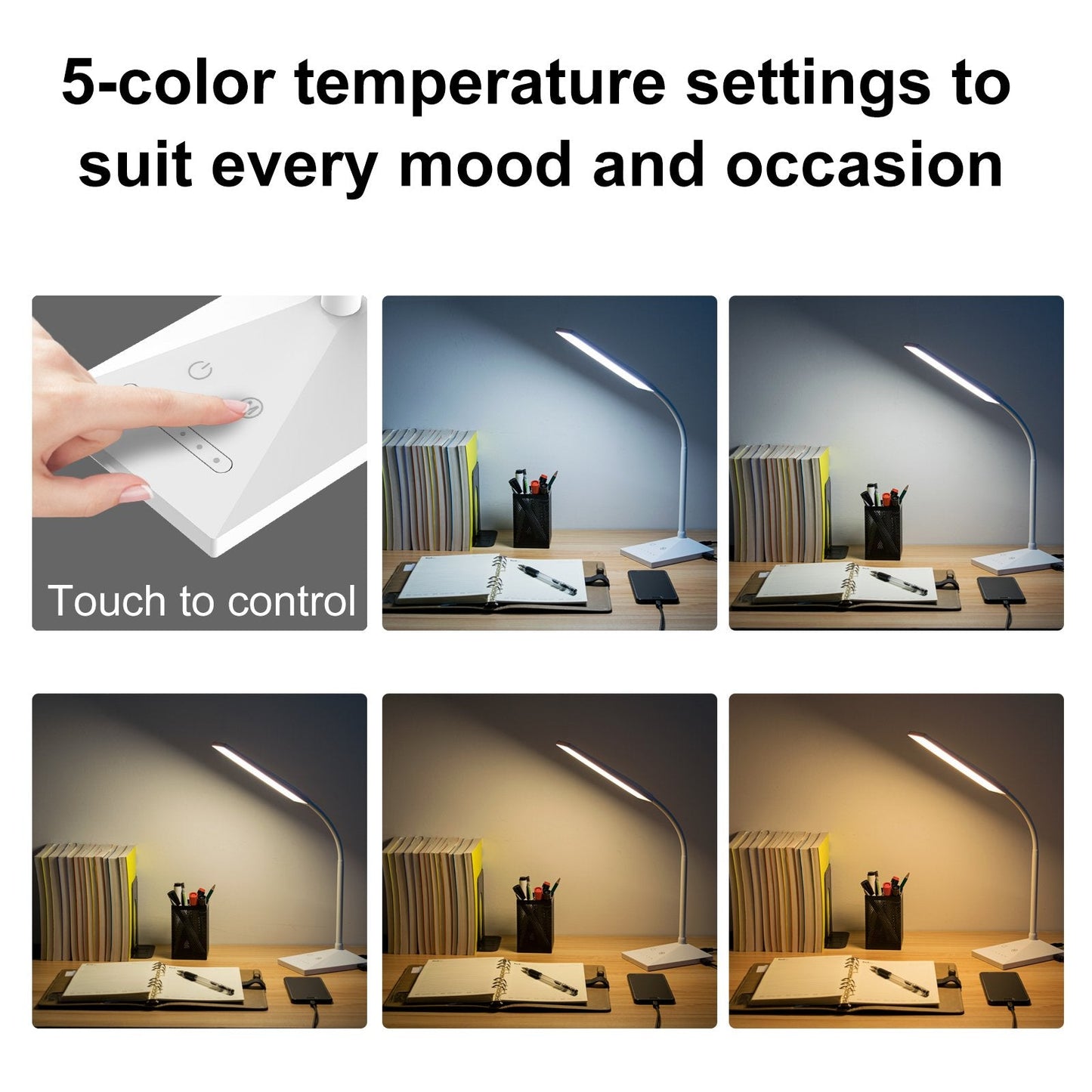 RAOYI LED Desk Lamp, Dimmable 12W Touch Control, 5 Color Modes, 6 Brightness Levels, USB Charging, White, Model LAM10A