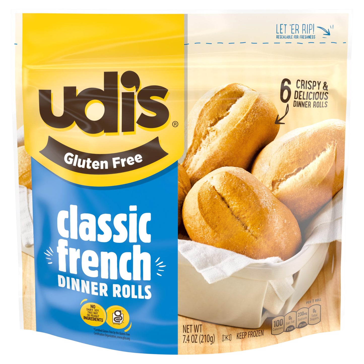Udis Gluten Free Classic French Dinner Roll, Frozen, 7.41 oz.