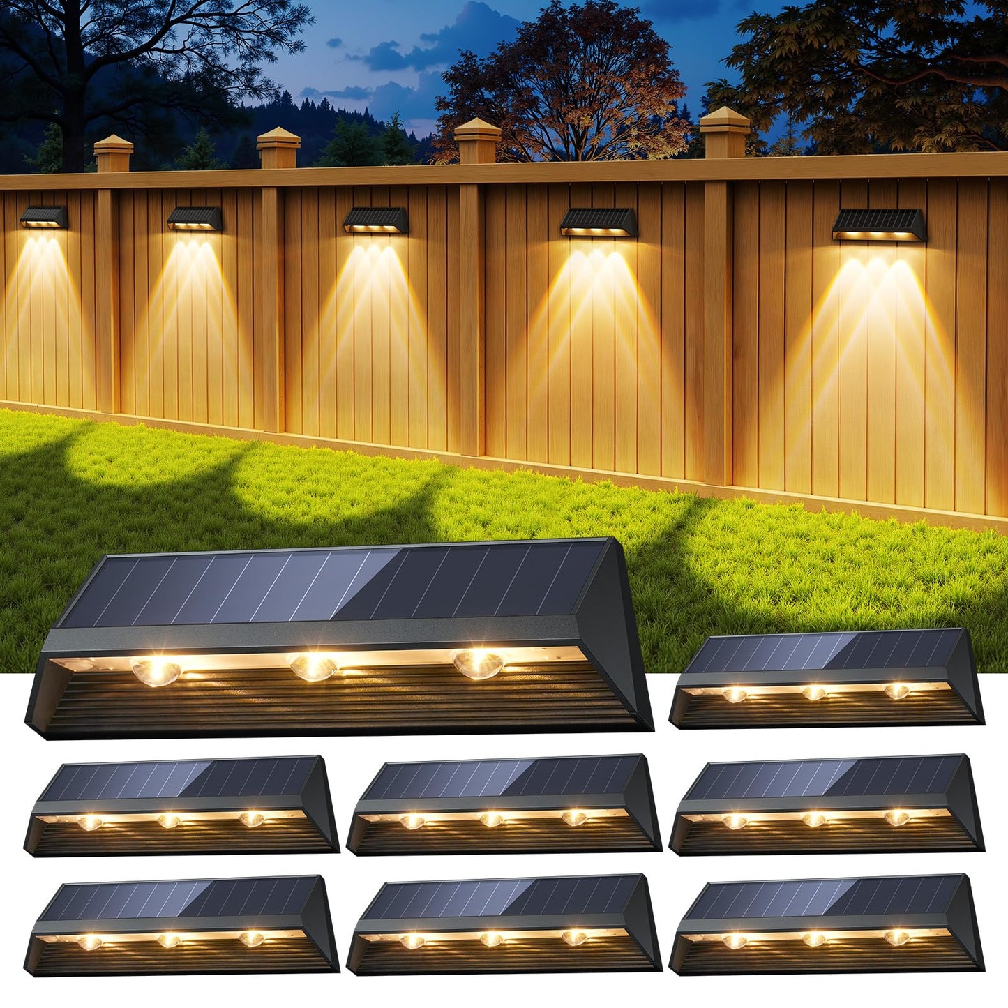 LETMY 9 Solar Fence Lights Outdoor, 3X Bigger & Brighter Fence Solar Lights Outdoor Waterproof IP67, Auto On/Off 2 Modes LED D