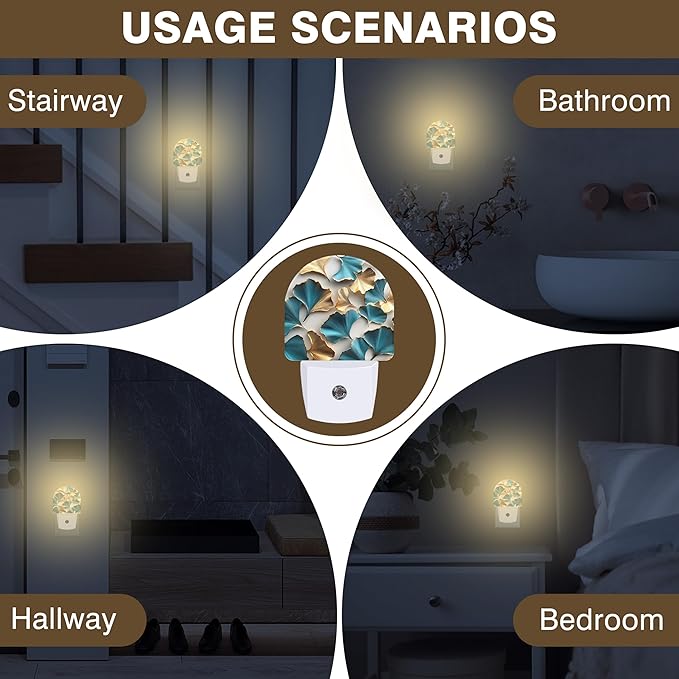 Night Light, Turquoise and Gold Ginkgo Leaves Night Lights Plug into Wall Dusk to Dawn Sensor Round Nightlight for Women Men Energy Efficient Led Lamp 0.5W for Stairway Hallway Bedroom