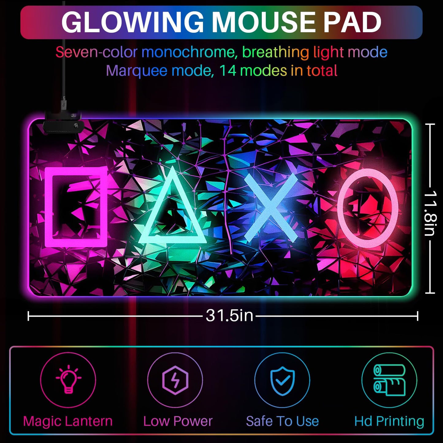 Sbarklo XL RGB Gaming Mouse Pad with 14 Light Modes - Light Up Gamer Mouse Pad,31.5 x 11.8in Non-Slip 4 Keys Style Led Large Gamer Mousepad, Black Long Glowing Gaming Accessories for Desk, Waterproof