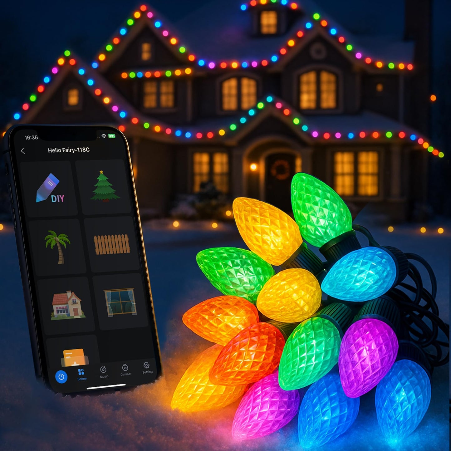 Smart Christmas Lights C9 Outdoor,66FT 100LEDs,App Remote Controlled RGB Chasing String Lights with DIY & Timer,108 Modes, Music