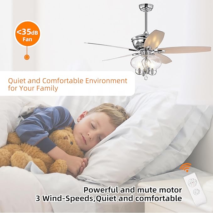 NicBex Ceiling Fan 52 Inch Classic Crystal Ceiling Fan with Lights Ceiling Fans with 5 Blades and Remote Control Ceiling Fan with Lamp Shade for Bedroom, Living Room, Silver