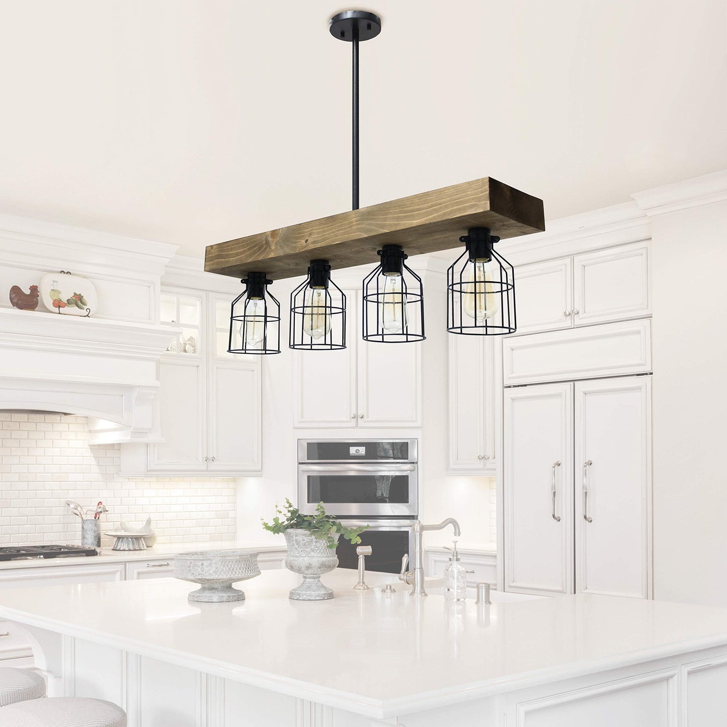 Elegant Designs CH1001-RWD 4 Light Rustic Farmhouse Cage Pendant Chandelier, Wood, Restored Wood