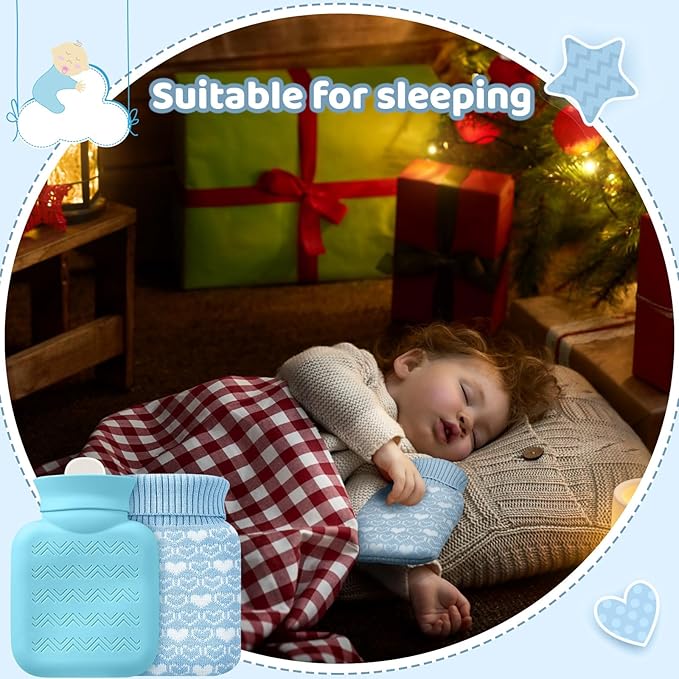 Amylove Mini Hot Water Bottle 320ml for Hot & Cold Compress with Cover Silicone Microwave Heating Small Water Bag for Travel Pain Relief Holiday Gifts(Blue)