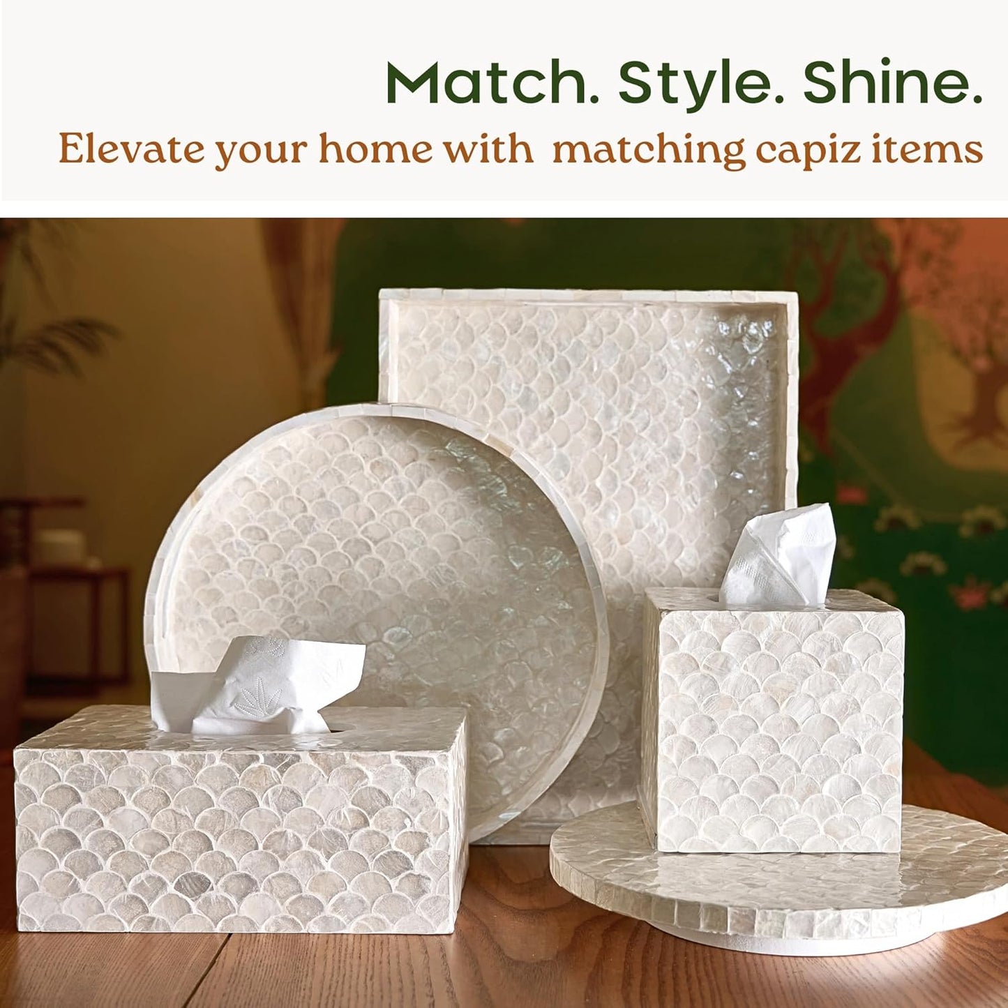 Rectangular Capiz Tissue Box Cover, Decorative Mother of Pearl Inlay Tissue Box Holder for Bedroom, Bathroom, Kitchen, and Office, Rectangle Tissue Box Cover White (10.25ā x 5.9ā x 4.33ā)