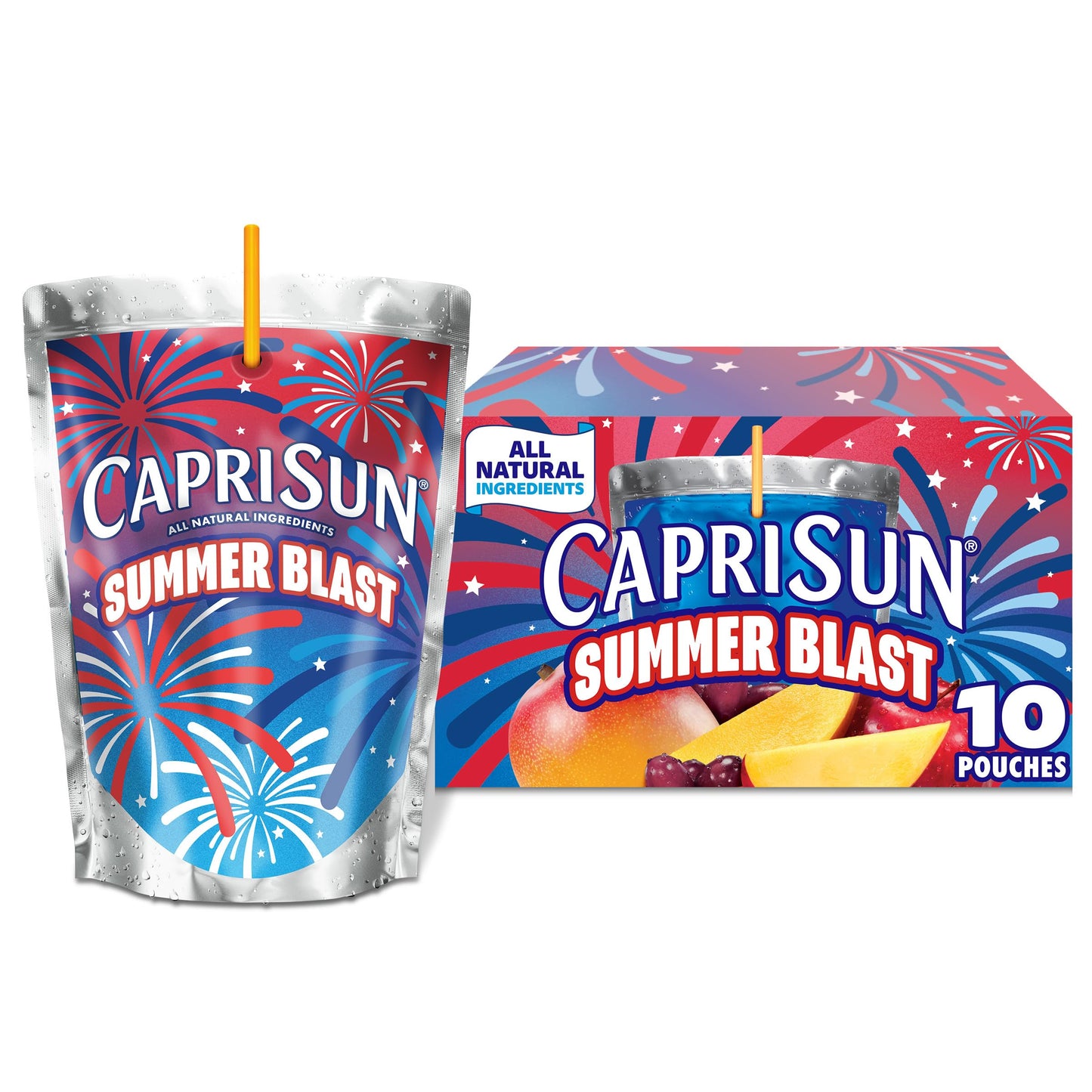 Capri Sun Summer Blast Passion Fruit Mango flavored Juice Drink Blend from concentrate with other natural flavor 10 ct Box 6 fl oz Pouches