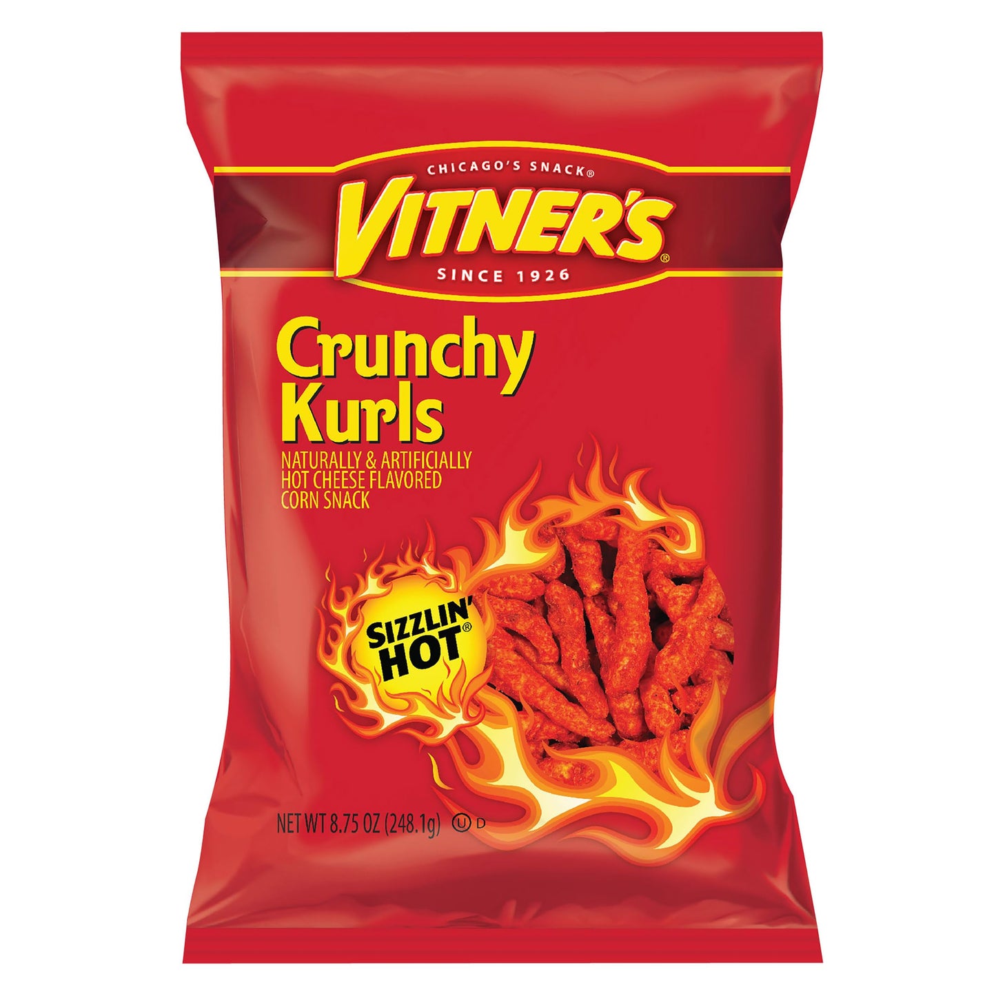 Vitners Sizzlin Hot Crunchy Kurls 8.75 oz Bags (Pack of 16) - Bold & Spicy Cheese Flavored Corn Snacks | Intense Crunch | Chicago Food