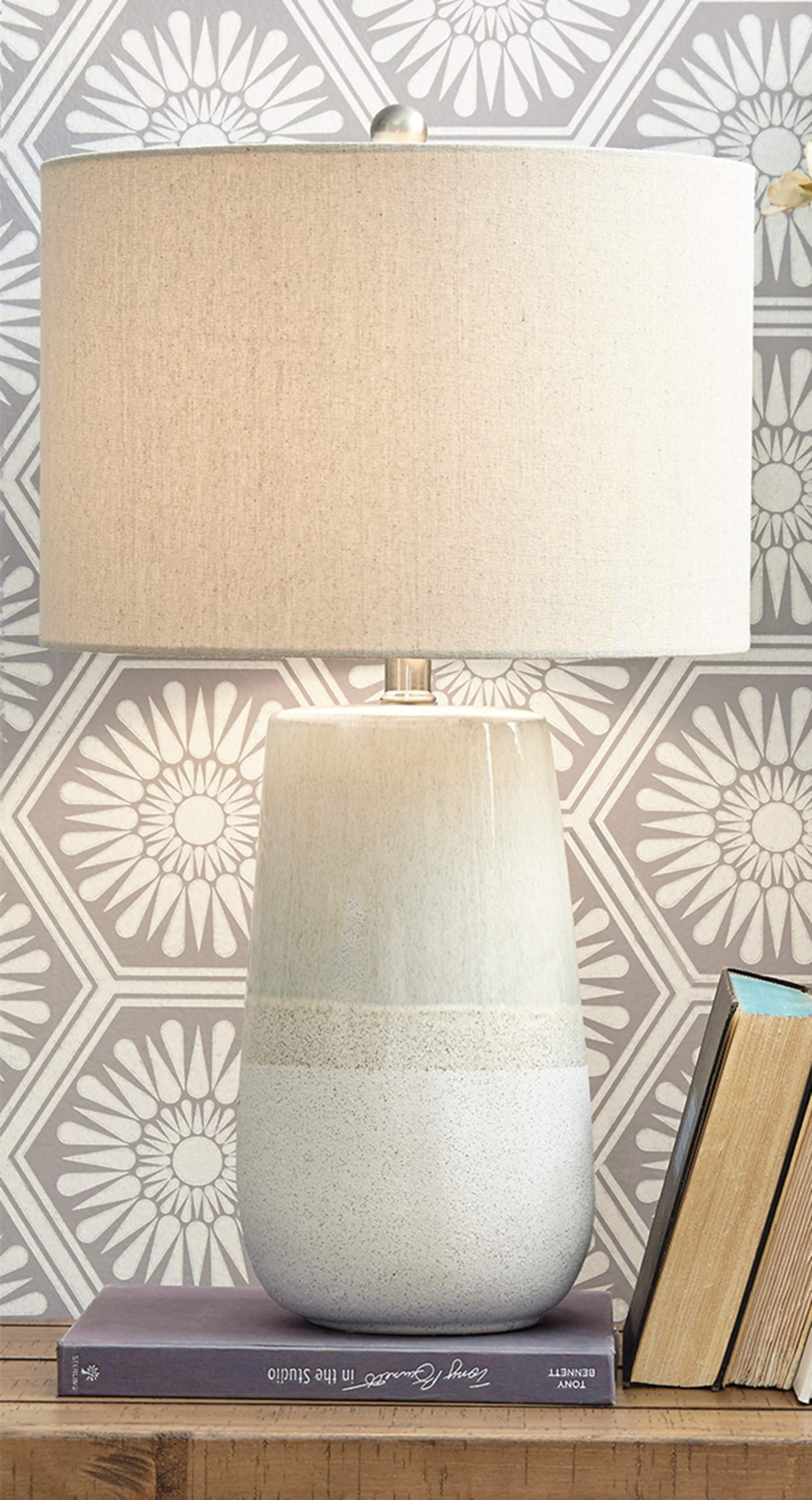 Signature Design By Ashley Shavon Table Lamp, 27 Textured Ceramic, Beige & White, Model L100724
