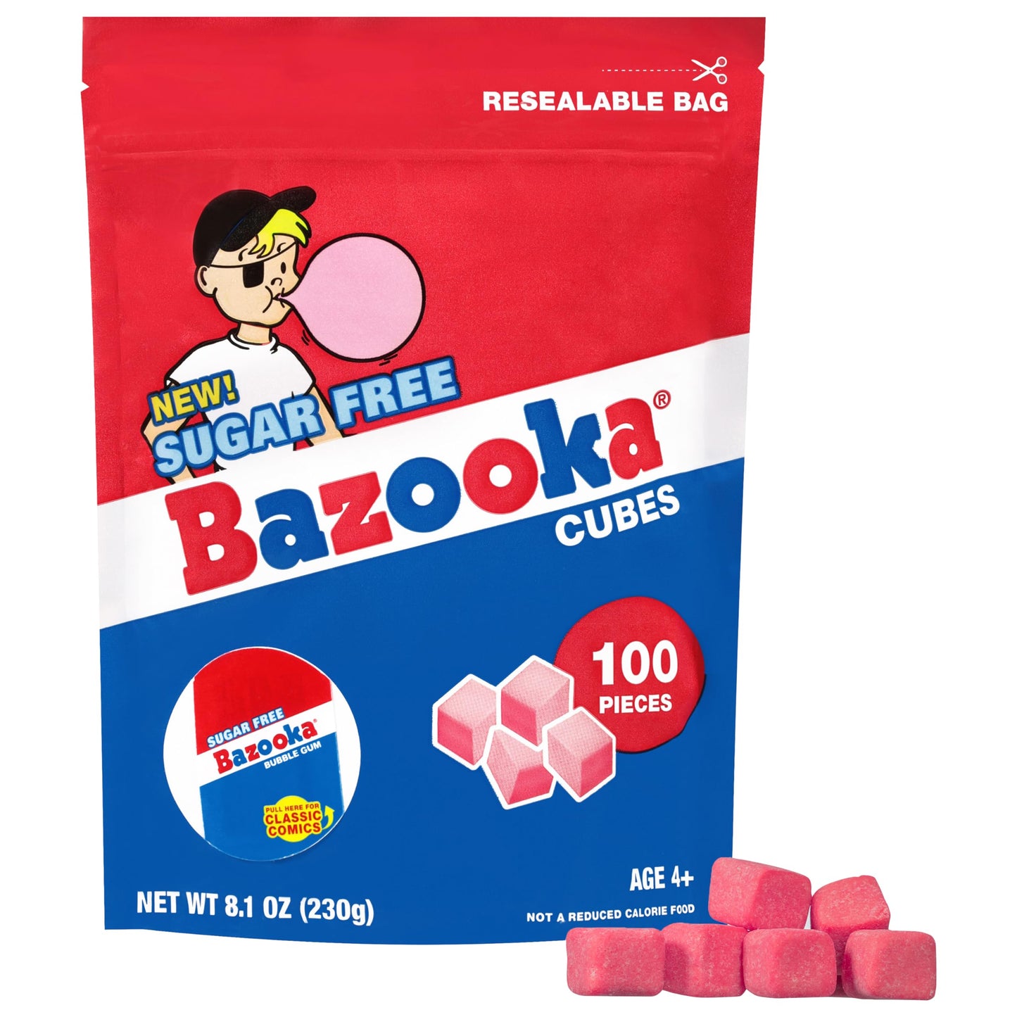 New Bazooka Sugar-Free Bubble Gum Cubes Bag - 100 Count Original Flavor, Resealable Stand-Up Pouch, Bulk Gum Perfect for Sharing