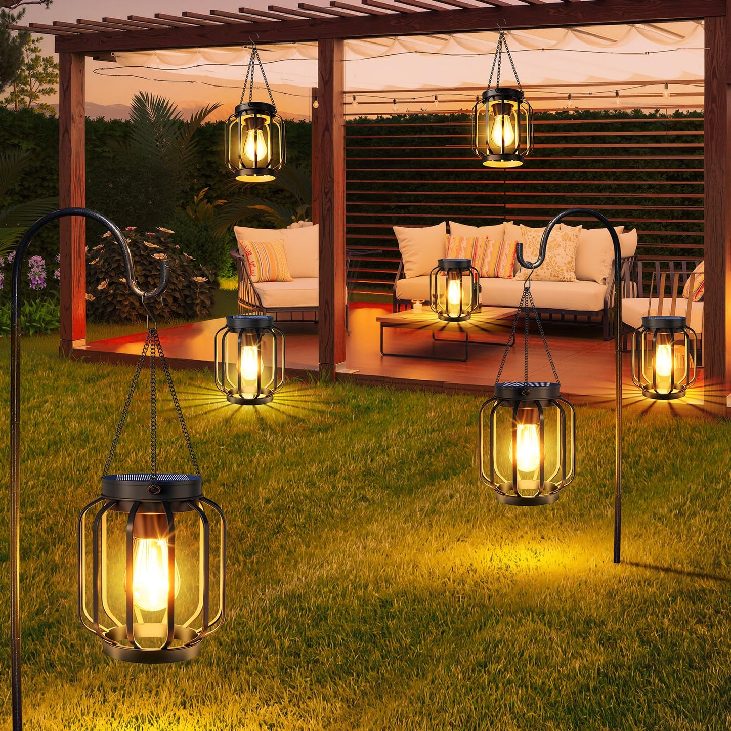 Aounq Solar Lanterns Outdoor Waterproof 4 Pack 14.37 Metal Hanging Solar Lights For Outside With Auto On/Off & Hook - Brighter Hanging Outdoor Lanterns Decorative Lighting For Garden Patio Yard