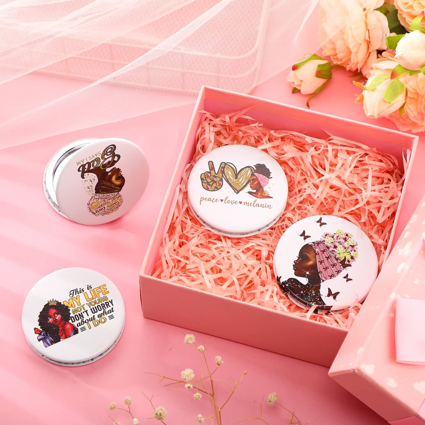 Fumete 4 Pcs African Women Compact Travel Makeup Pocket Mirror for Purse Mini Compact Small Double Sided Folding Mirror Portable