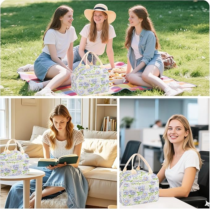 Cotton Quilted Insulated Lunch Bag, Cute Quilted Floral Lunch Tote Bags Reusable Insulated Lunch Box Coquette Aesthetic Large Capacity Insulated Cooler for Women Work Travel Picnic (Blue Flower)