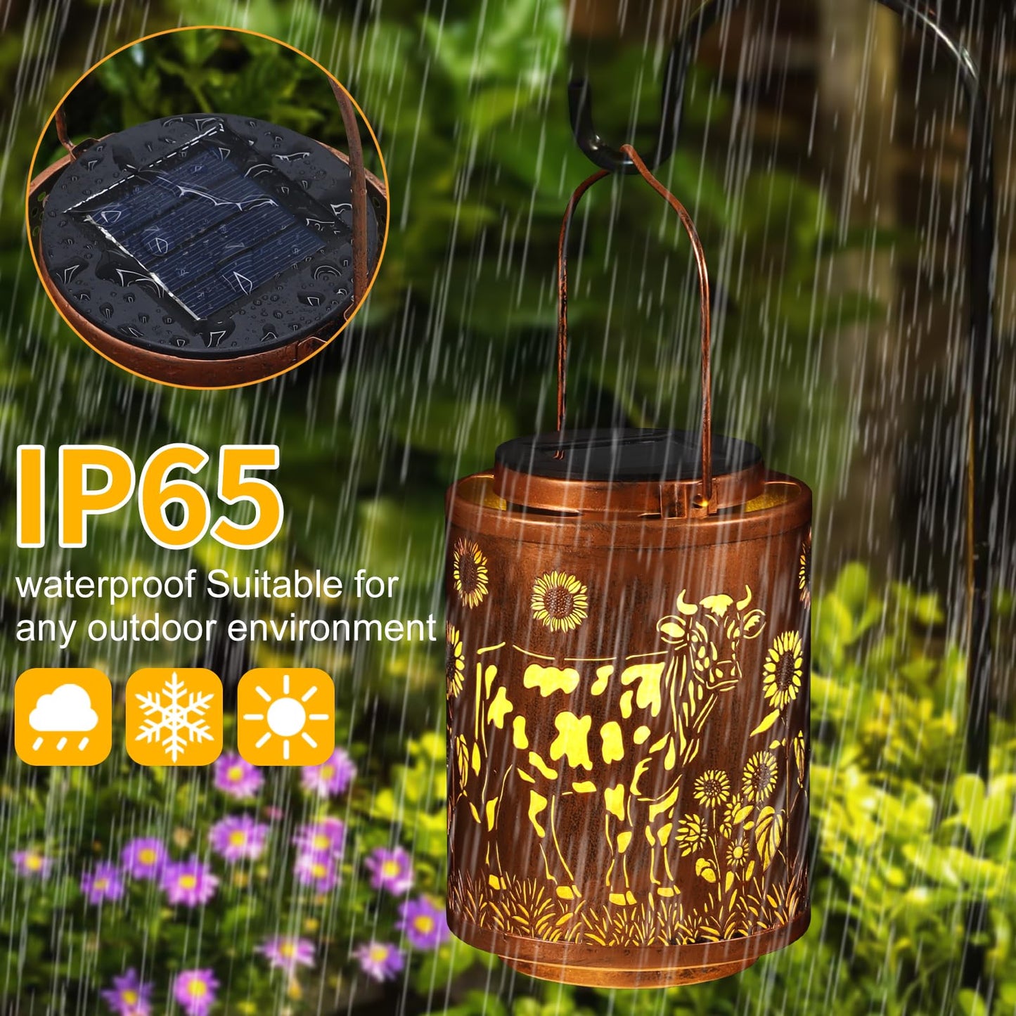 Tepaken Solar Lantern Garden Decor LED Hanging Light Metal Waterproof Cow Hummingbird-1 Gold