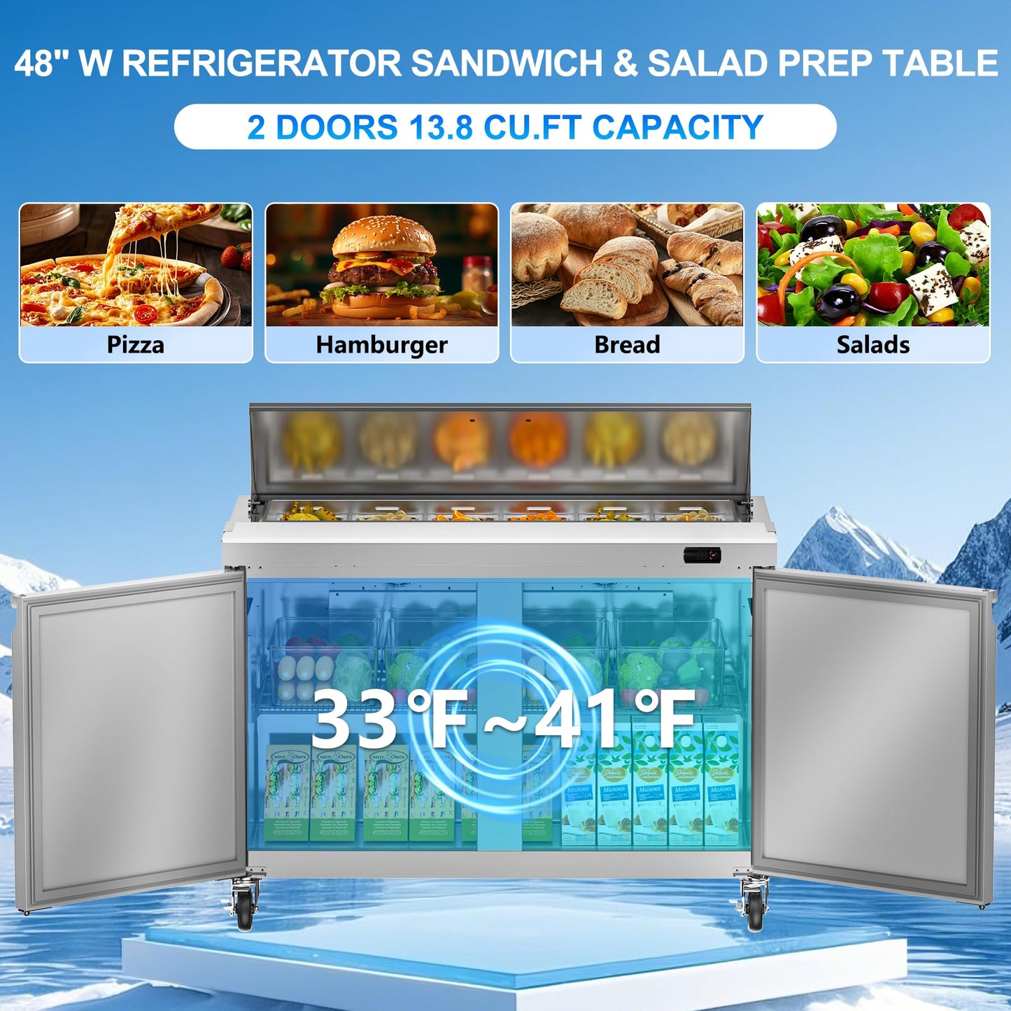 Rockitch 48" W Commercial Refrigerator Sandwich Salad Prep Table Refrigerator, 13.8 Cu.ft Stainless Steel Commercial Kitchen Refrigerated Equipment with 12 Pans for Restaurant, Bar, Shop, etc.