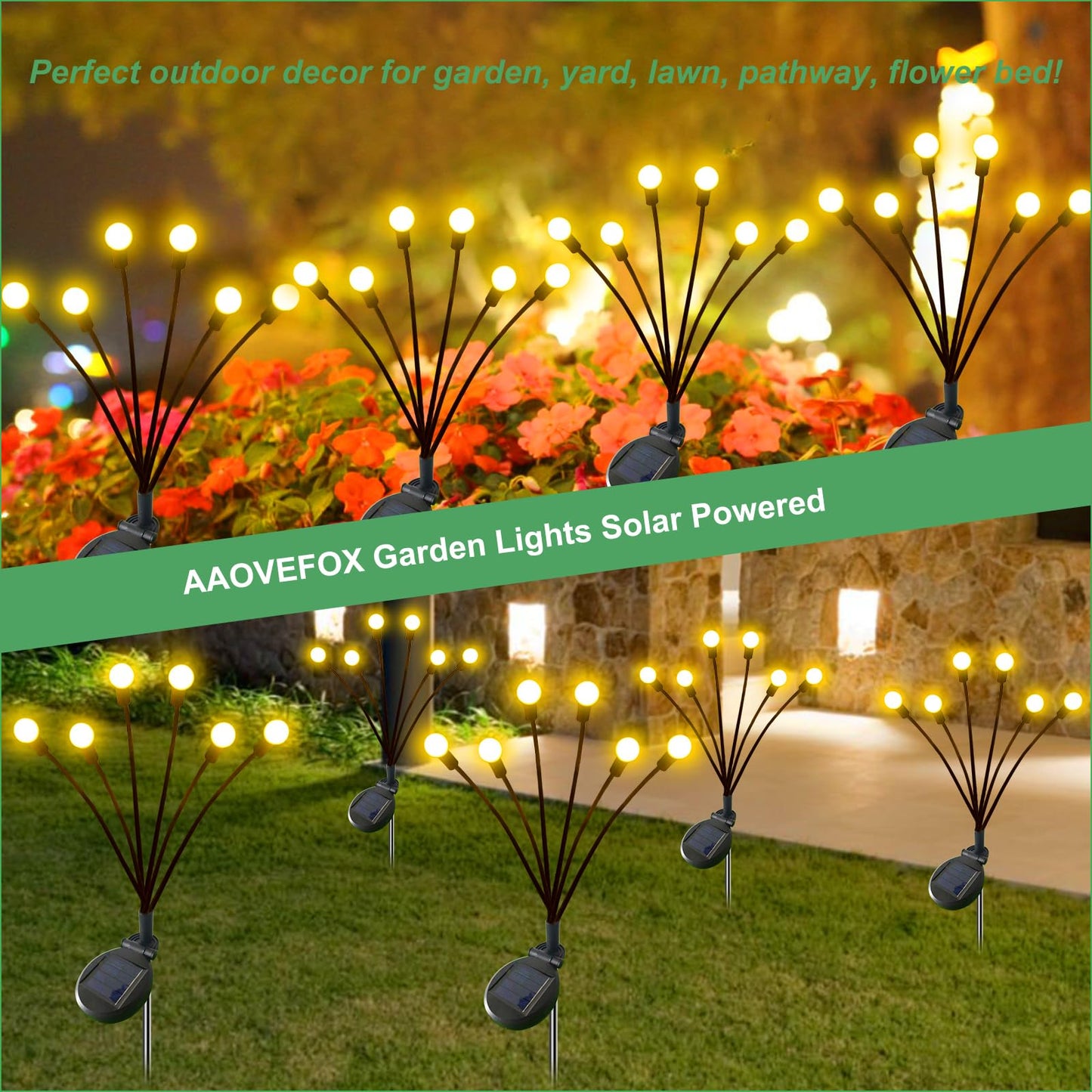 AAOVEFOX Solar Garden Lights, 2 Pack, Warm White, Waterproof, Swaying Firefly Lights for Outdoor Decorations