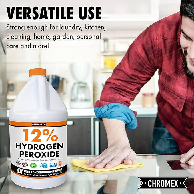 Chromex Hydrogen Peroxide 12 Percent Food Grade, 4x Power Concentrated Solution, 2 Gallons Dilute to 8 Gallons, Versatile Uses include Topical Care, Home, Kitchen, Bath Cleaner, Laundry, Whitening