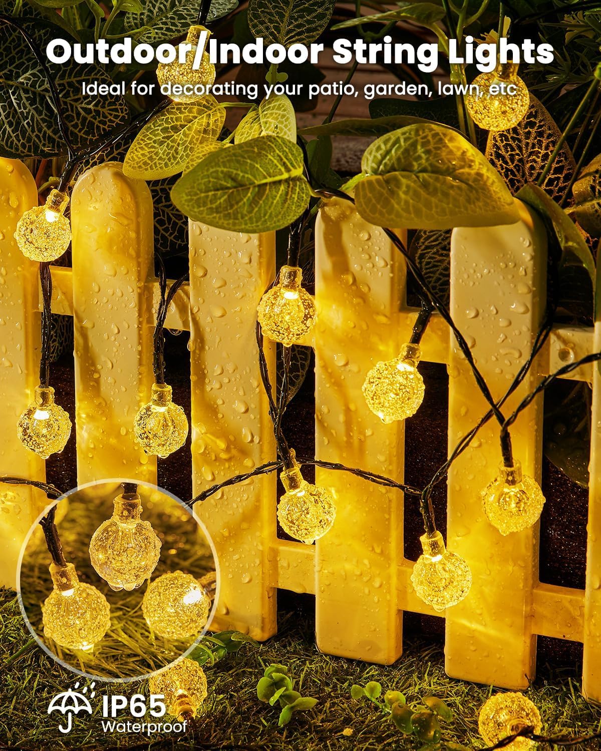 Solar String Lights Outdoor Waterproof 2 Pack 60 Led 36.5 Ft Each Solar Powered Patio Lights With 8 Lighting Modes For Garden Yard Porch Wedding Party Decor (Warm White)
