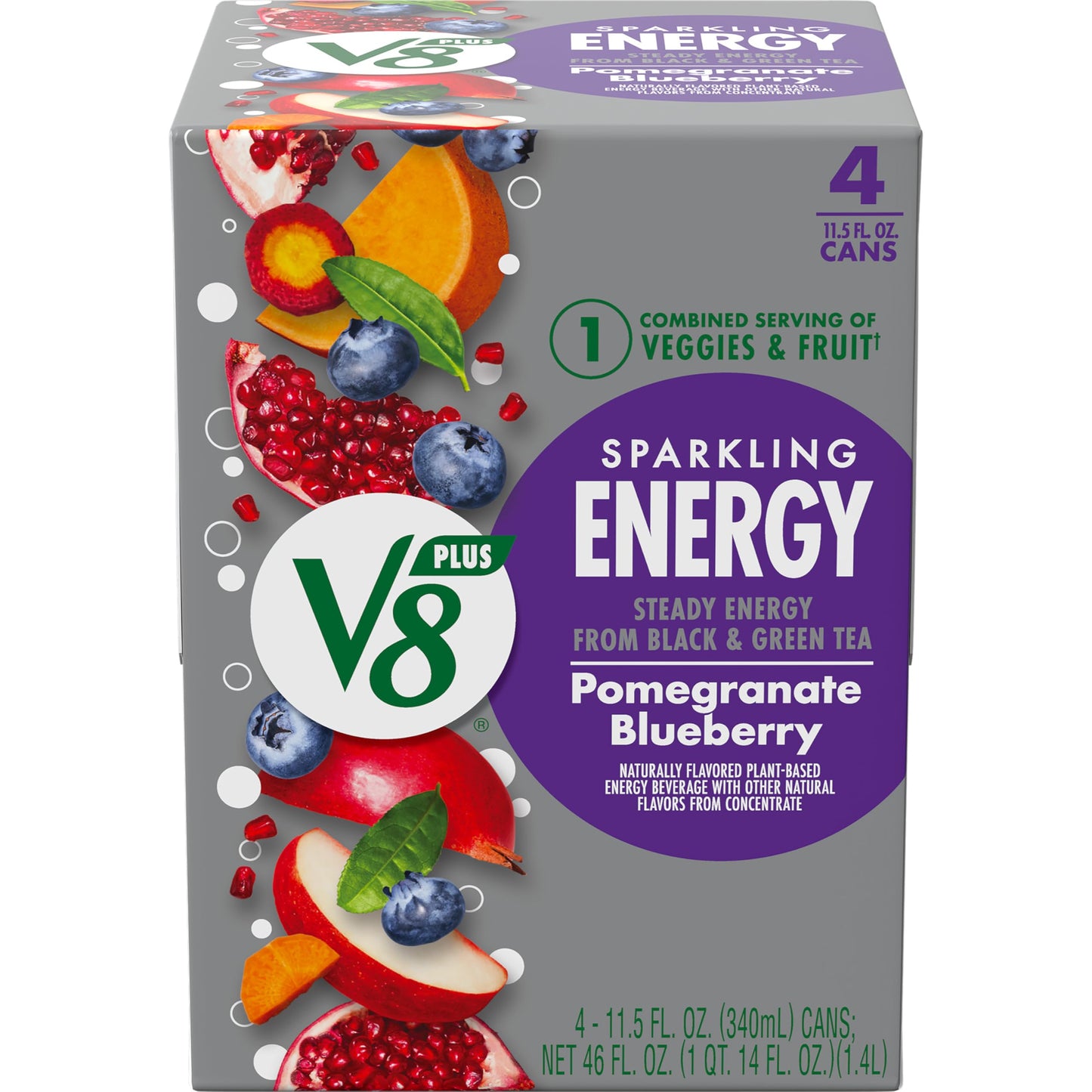 V8 +Energy Sparkling Pomegranate Blueberry Juice Energy Drink 11.5 fl oz Can (4 Pack)
