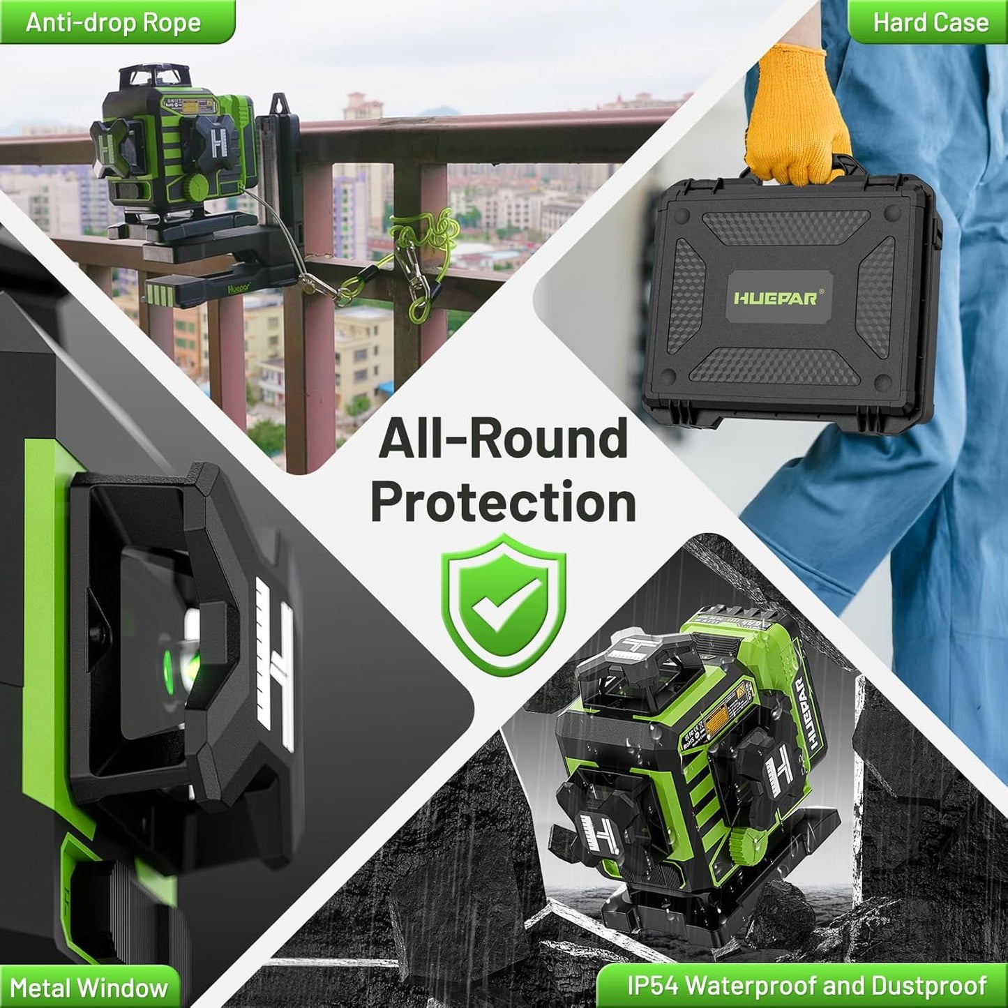 Huepar Laser Level 360 Self Leveling, W04CG Upgraded 4x360° Bluetooth Construction Lazer Leveler Tool with Electric Rotating Base & Large LCD Screen, 4D 16 Lines Green Cross Laser Level