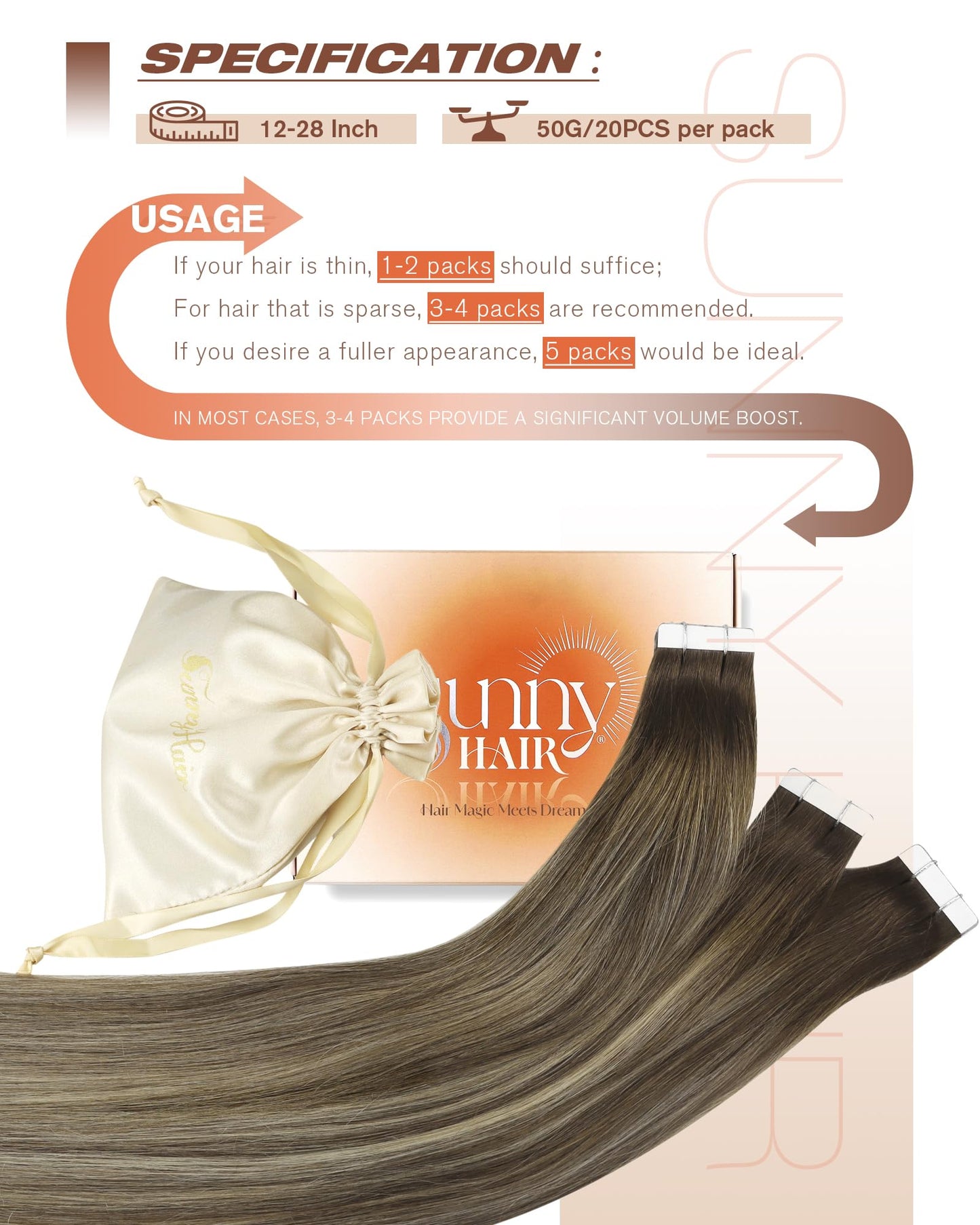 Sunny Hair Tape in Hair Extensions Real Human Hair Invisible Remy Hair Extensions Tape ins for Women Cool Brown to Light Brown H