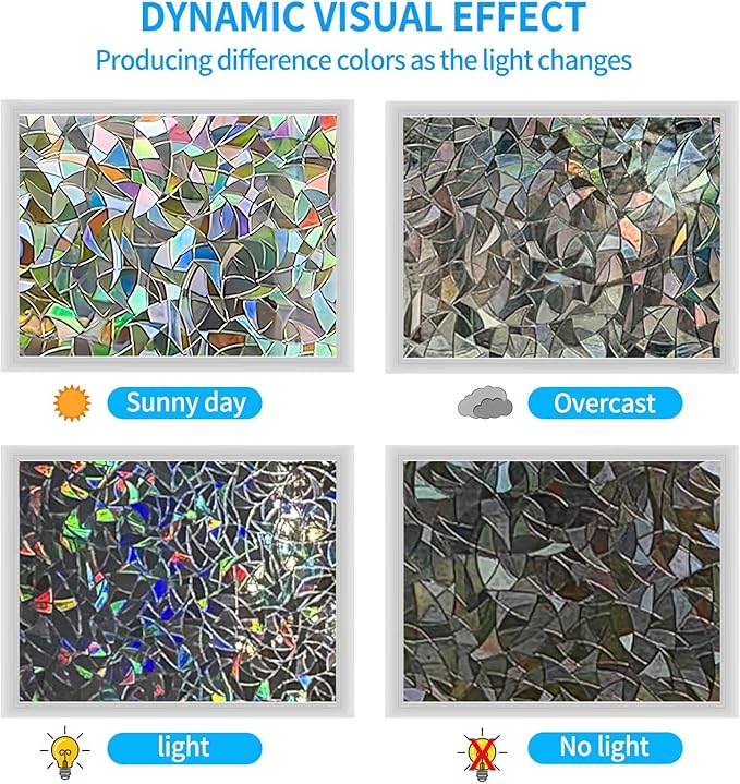 Rainbow Window Privacy Film - 3D Static Cling Sticker, Non-Adhesive Stained Glass Decals for Home Office - Privacy Protection & Decorative Vinyl (Rainbow, 23.6 x 118Inch)
