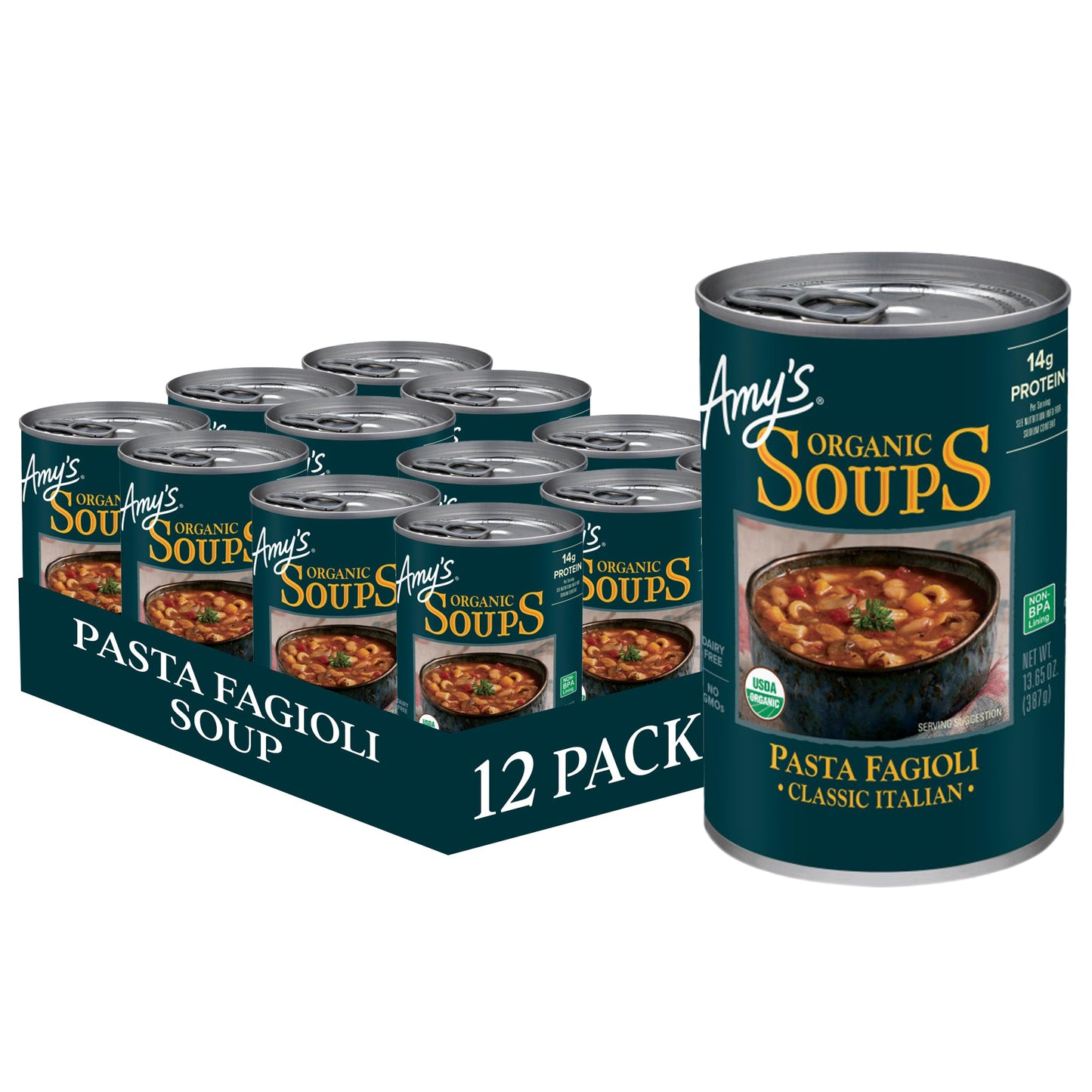 Amy s Organic Classic Italian Pasta Fagioli Soup, Dairy Free, Non GMO, 13.65 Ounces (Pack Of 12)