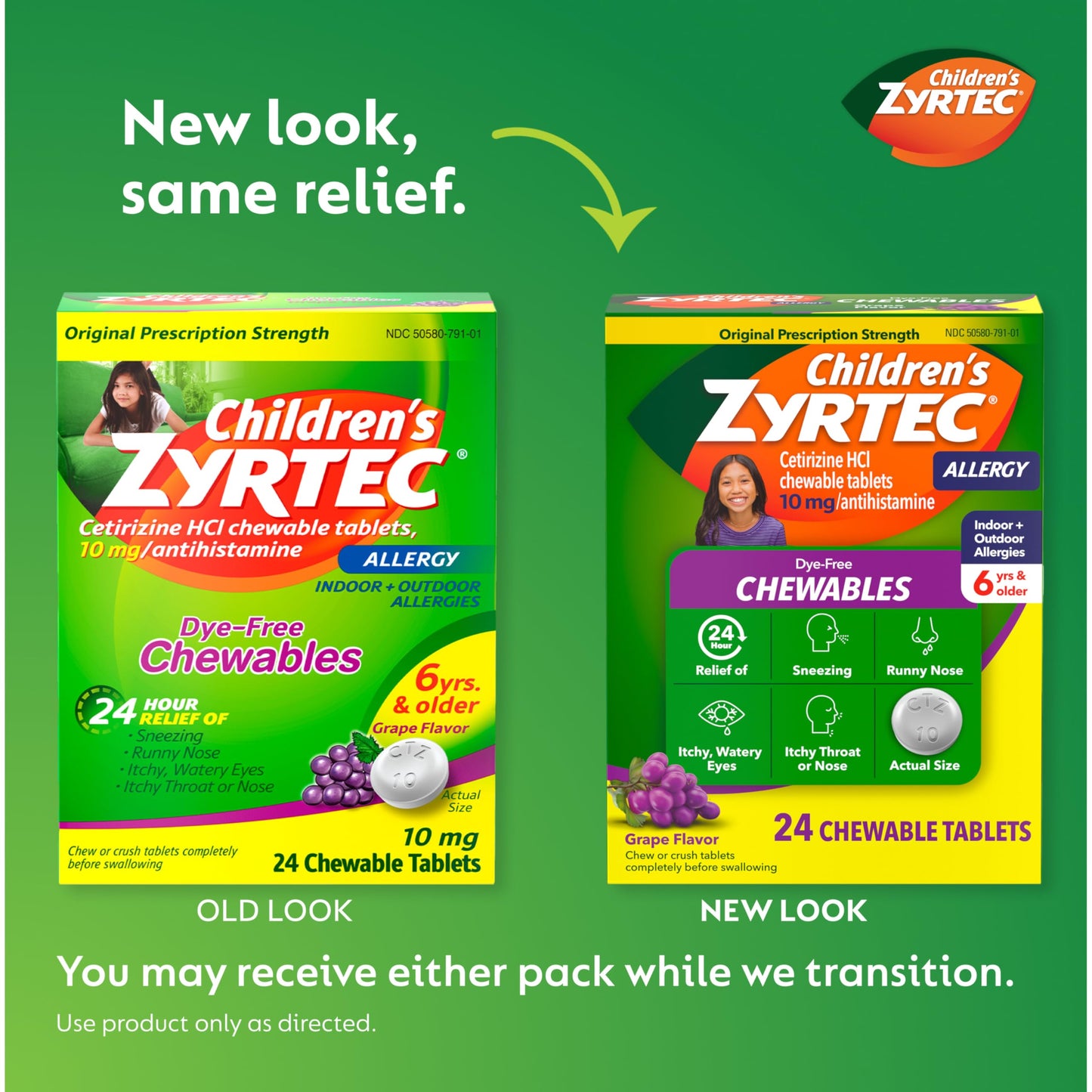 Zyrtec Children's Dye-Free Chewables for 24 Hour Allergy Relief, 10 mg Cetirizine Hydrochloride Antihistamine Tablets, Kids Allergy Medicine Relieves Sneezing & Itchy Throat, Grape, 24 ct