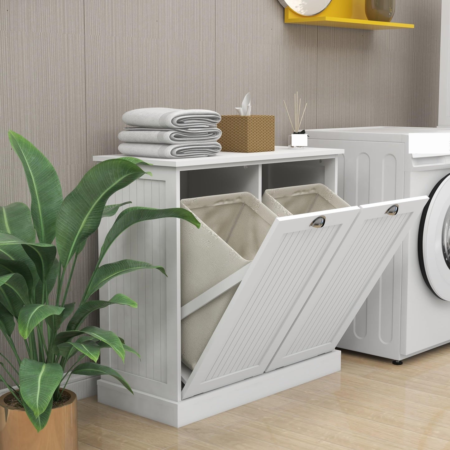 Contemporary Storage Cabinet, Two-Compartment Tilt-Out Laundry Sorter Cabinet, for Bathroom Hallway,for Kitchen Home