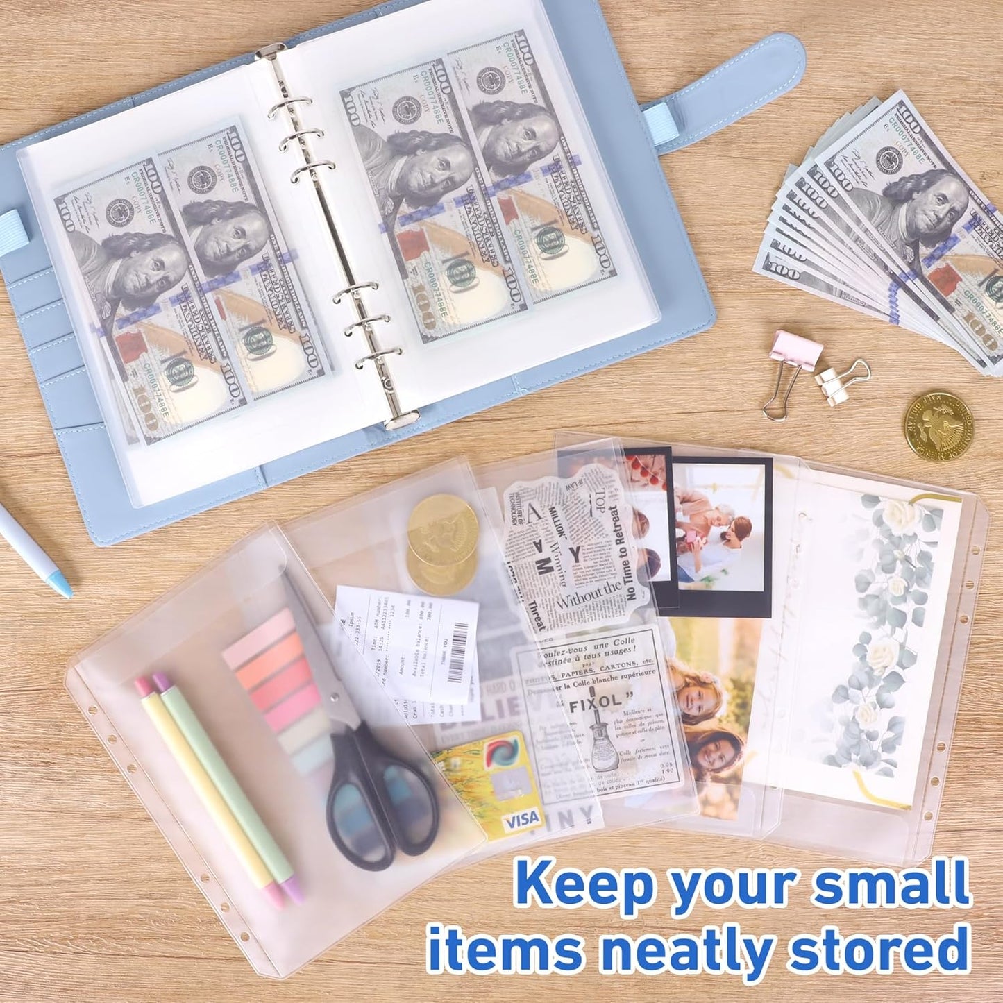 Antner 12PCS A5 Binder Pockets No Zipper 6-Hole Budget Cash Envelopes for Small Refillable Notebook, Zipless A5 Planner Inserts Binder Pouches Loose Leaf Money Organizer Bags for Saving Challenge