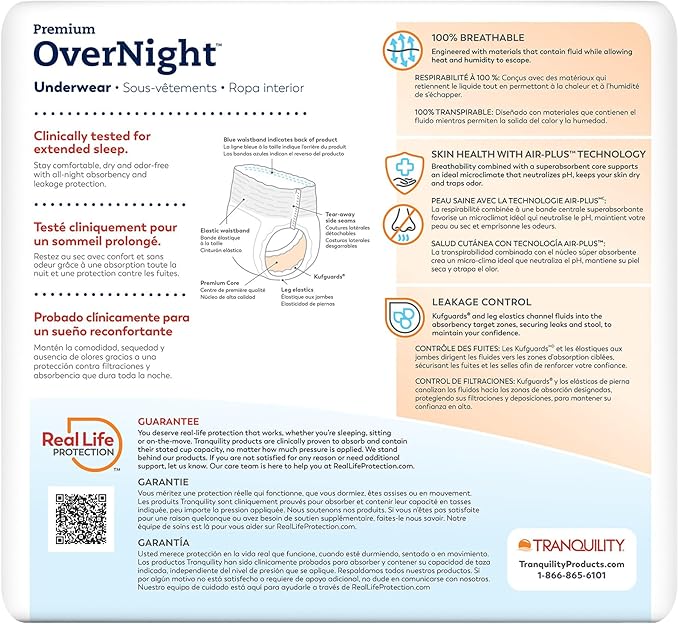 Tranquility Premium OverNight Disposable Absorbent Underwear (64 Count) - L, 44-54 in. Waist - Maximum Absorbency, All-Night Sleep, Breathable Comfort, 64 Adult Diapers