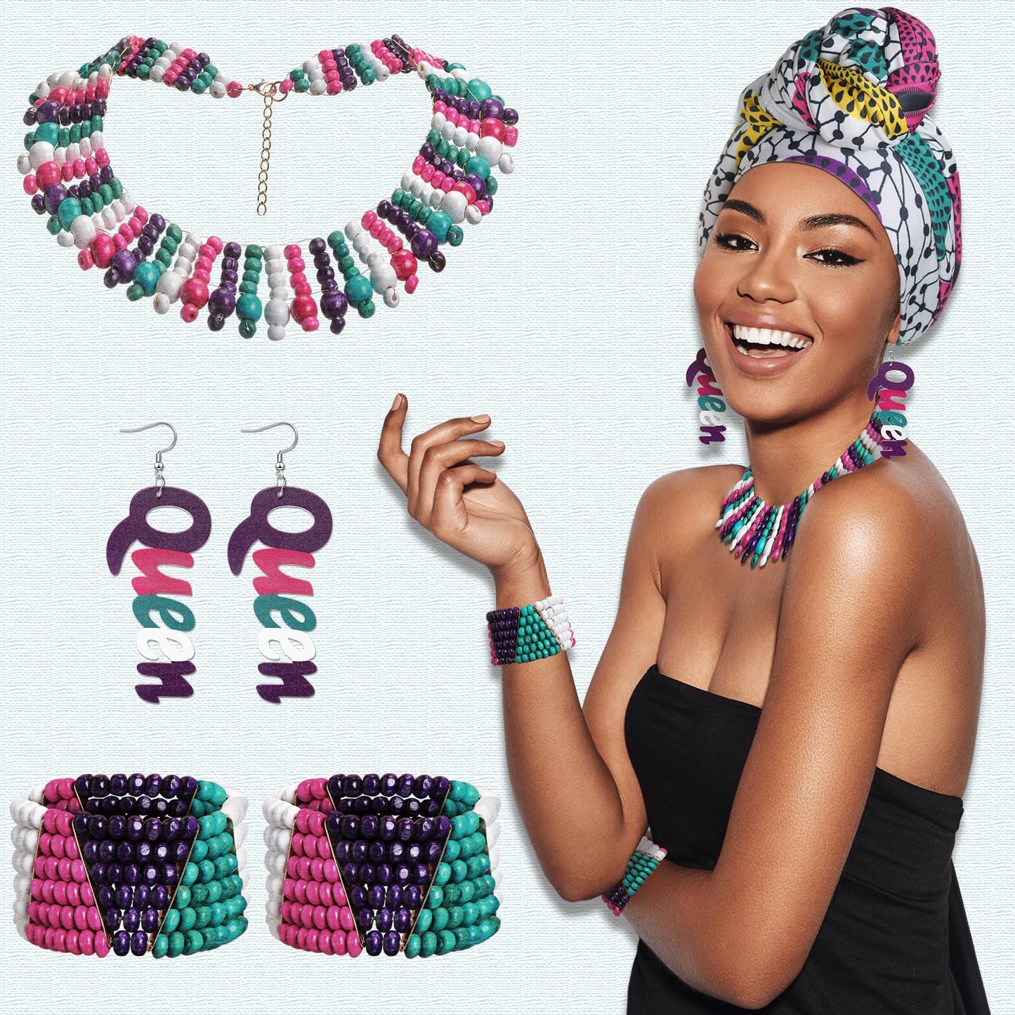 Yinkin 5 Pcs Jamaica Women's African Headband Jewelry Earrings Multicolor Beaded Jamaican Bracelet Headwraps Set Beaded Set Stre
