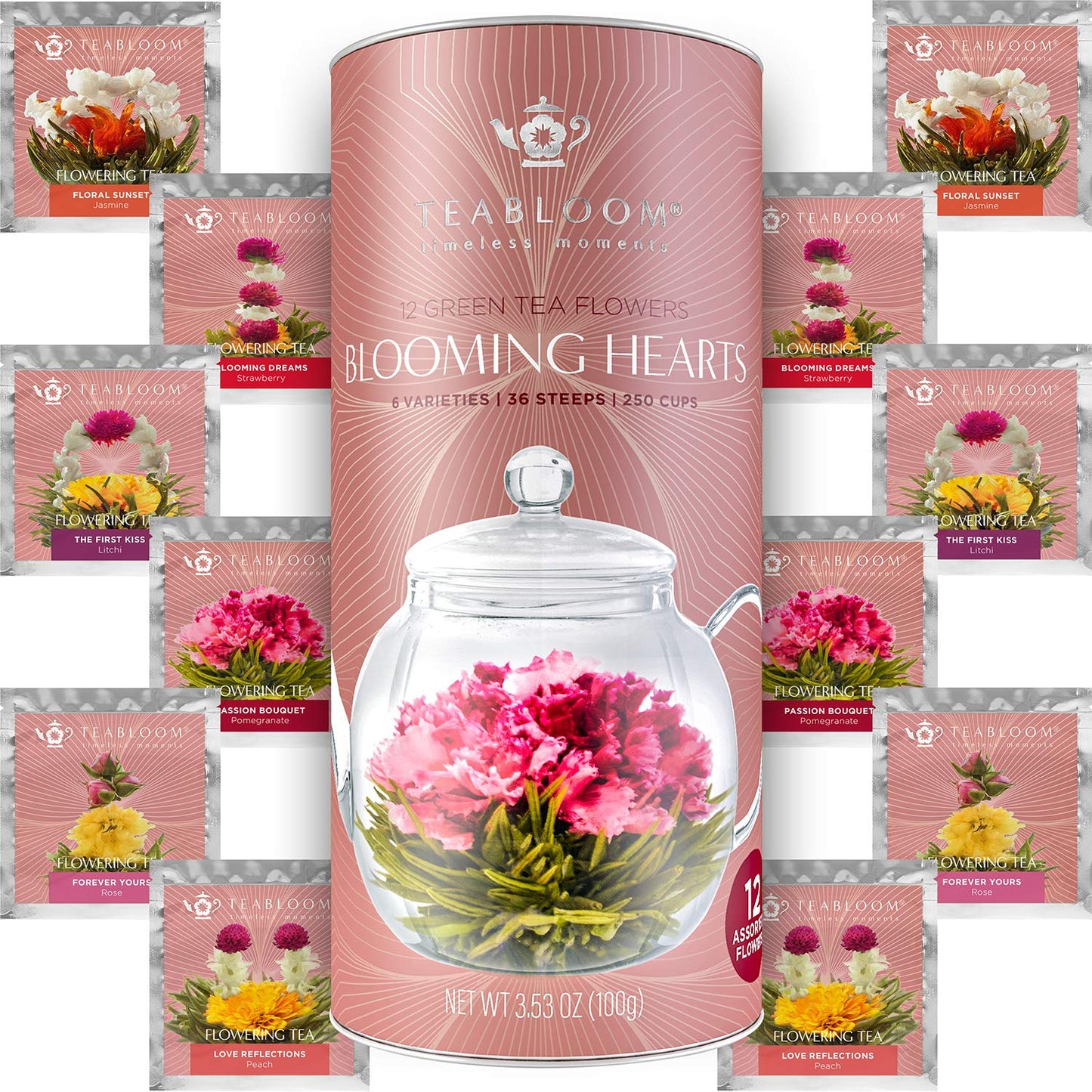 Teabloom Heart-Shaped Flowering Teas - 12 Assorted Blooming Tea Flowers - Green Tea + Jasmine, Pomegranate, Strawberry, Rose, Li