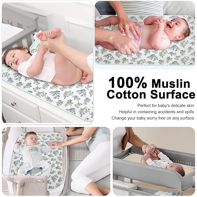 Baby Diaper Changing Pad, 19.7"x25.6" Waterproof Changing Pad Liners with 100% Muslin Cotton Front Top and Leather Back, Soft and Absorbent Portable Changing Mat for Travel, Changing Station