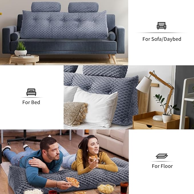 Wedge Headboard Pillow - Bed Wedge Pillow for Headboard Triangular Headboard Pillow with Neck Roll Pillow-Large Bolster Pillow for Sitting in Bed Backrest Positioning Support (Grey,59x8x20 Inches)