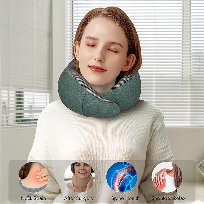 MULIHOMI™ New Packaging Updated Travel Pillow for Airplane with 100% Memory Foam, 360° Adjustable Full Surrounding Flying Neck Pillows, Travel Pillow Set with 3D Eye Masks, Earplugs (Deep Green)