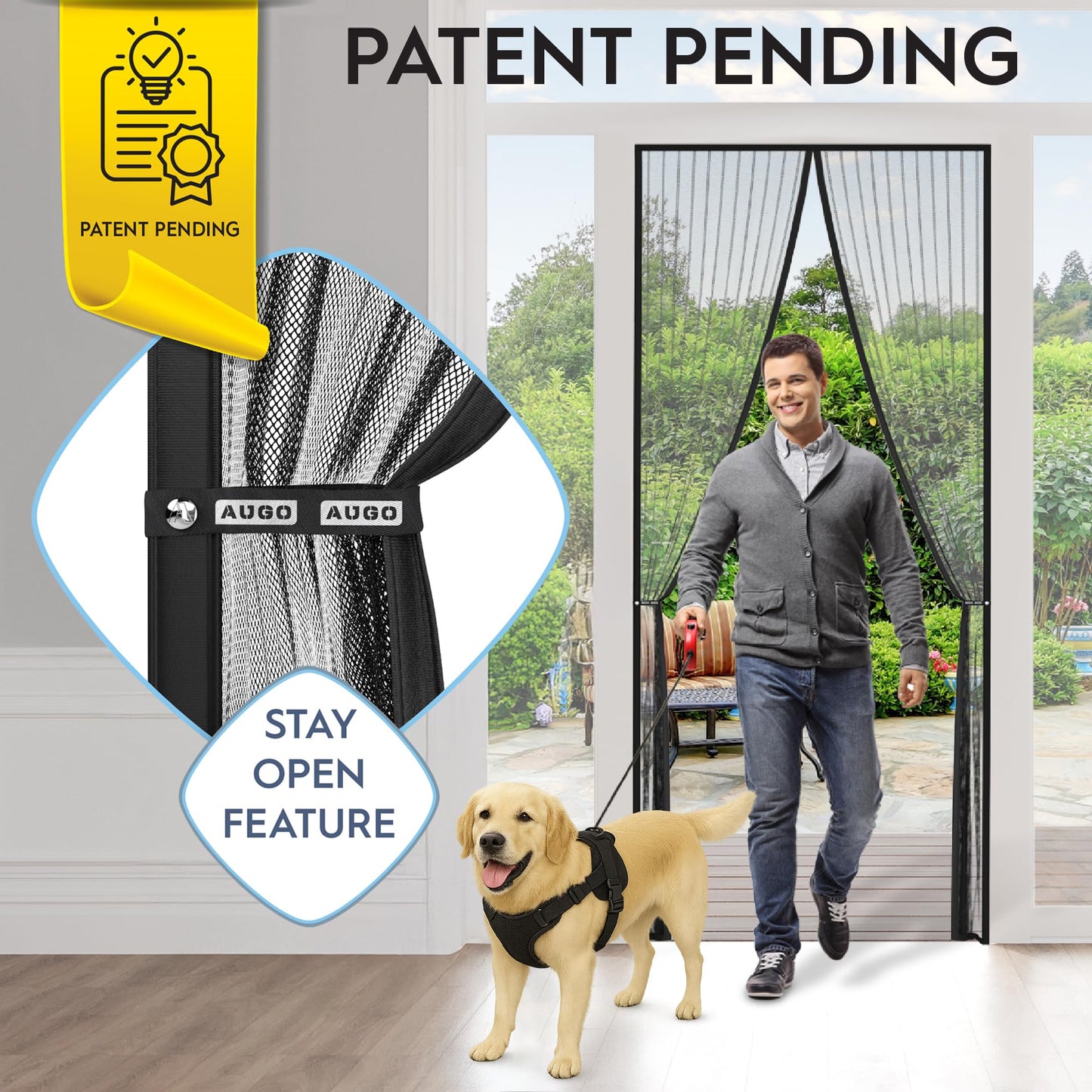 AUGO Magnetic Screen Door - Self Sealing, Heavy Duty, Hands Free Mesh Partition Keeps Bugs Out - Pet and Kid Friendly - Patent Pending Keep Open Feature - 34 Inch x 81 Inch
