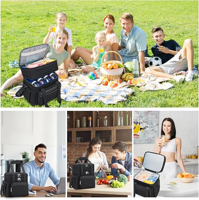 Insulated Lunch Bag & Lunch Box for Men - Double Deck Reusable Lunch Bag for Women Tote Cooler Bag Leakproof Soft Expandable - Extra Large Lunchbox for Work/Adult/Picnic/Outdoor (Black,22L)