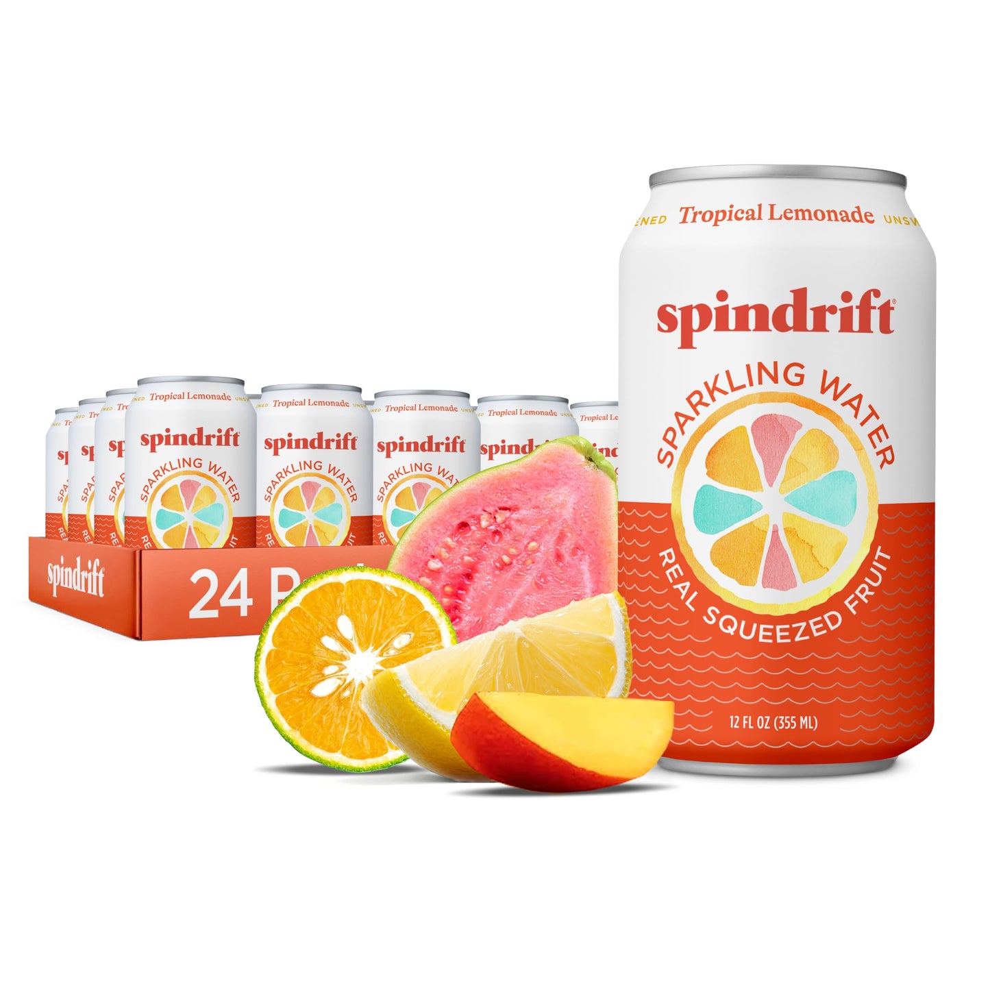 Spindrift Sparkling Water Tropical Lemonade Flavored Made with Real Squeezed Fruit 12 Fl OZ Cans Pack of 24 (Only 13 Calories per Can)