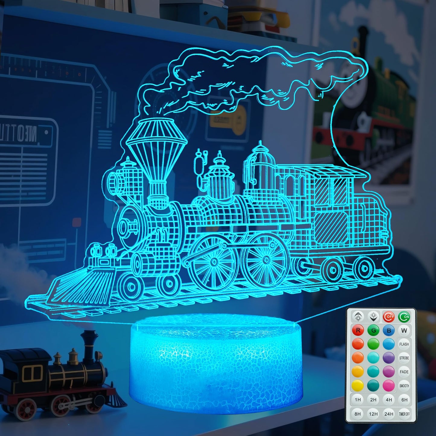 POSSHE Train Night Light, Train Gifts, 3D Illusion Night Light with 16 Colors Changing, Remote Control with Timer, Kids Room Dec