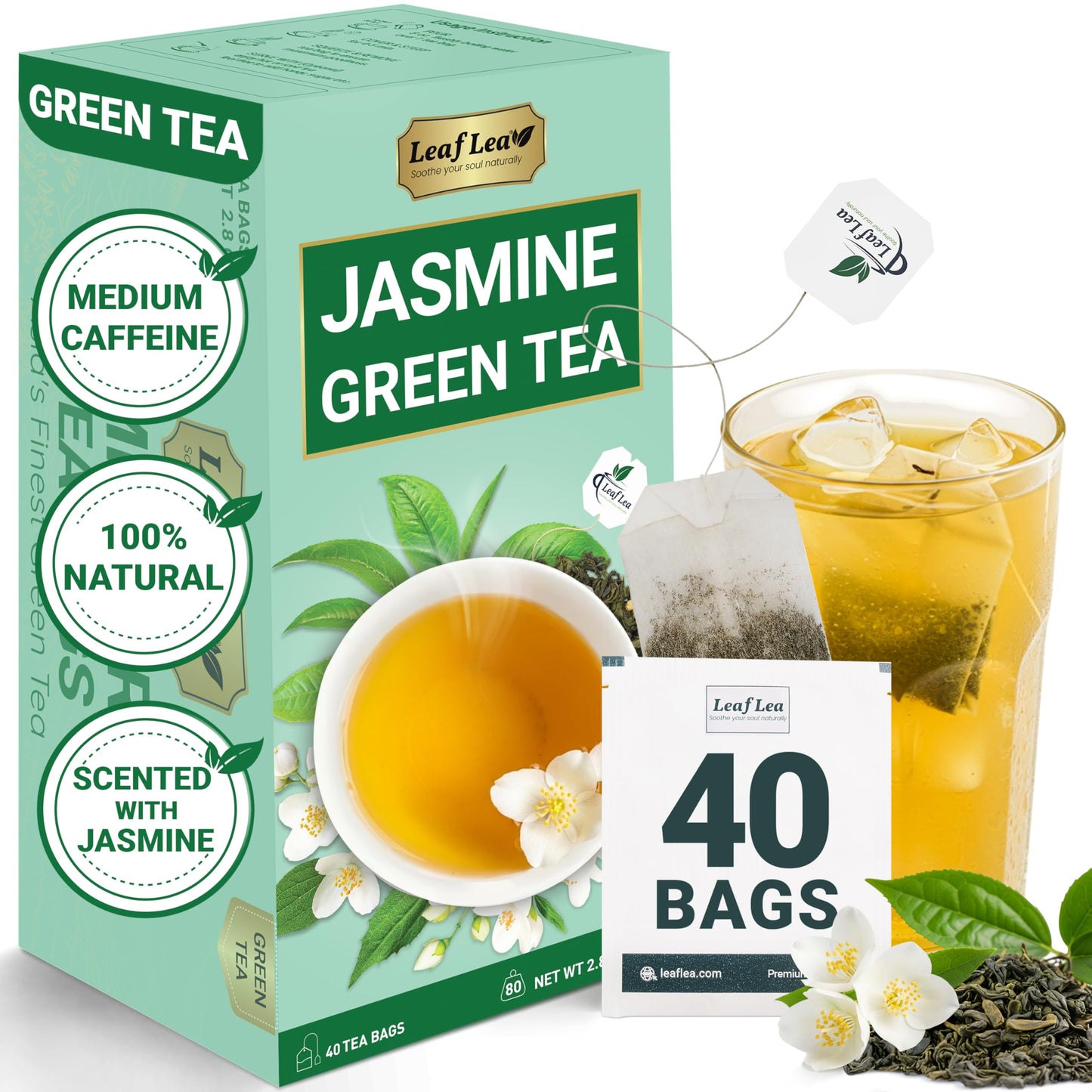 LeafLea 40 Jasmine Green Tea Bags enhanced Green Tea Scented with Jasmine Flowers for Gentle Support & Light Alertness Floral Smoothness Caffeinated Sugar-Free Non-GMO Vegan Individually Wrapped