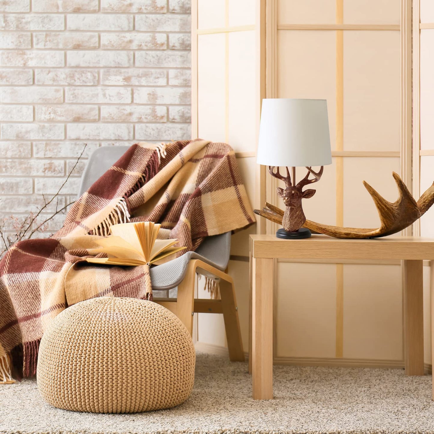 Simple Designs Rustic Antler Desk Lamp, 17.25in Tall, Copper, Model LT1095-CPR, White Fabric Shade, Ideal for Cabin or Living Room Decor