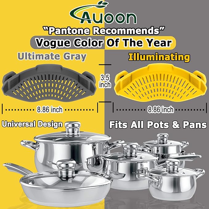 AUOON Clip on Strainer,2 PACK Silicone Food Strainer Pasta Drainer for Pasta,Spaghetti,Ground Beef Grease,Easy to Use Universal Size Fit for all Pots and Bowls(GrayYellow)