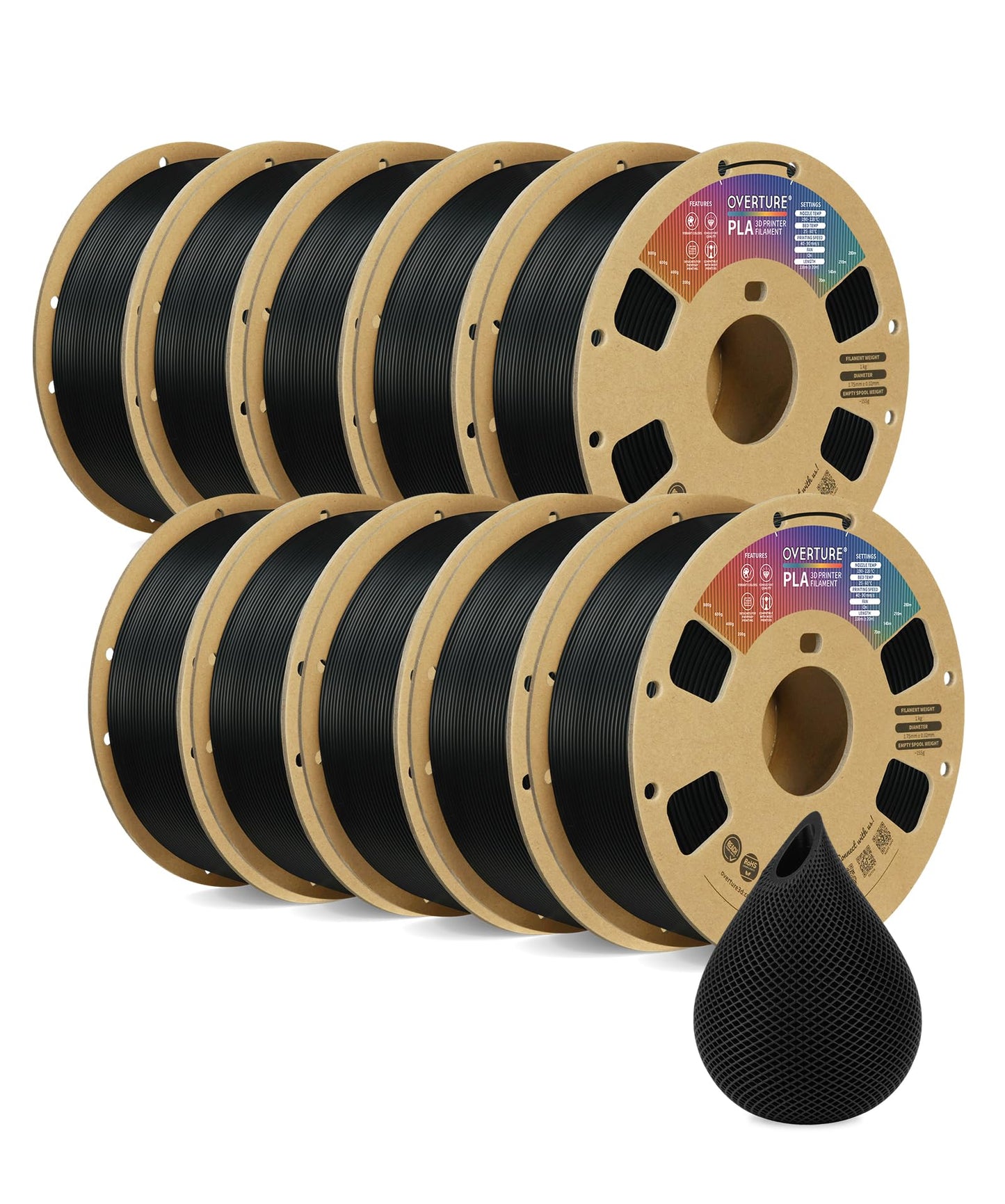 OVERTURE 10KG Bundle PLA Filament 1.75mm, Neatly Wound 3D Printer Filament 10 Pack 1kg Spool (22.2lbs), Dimensional Accuracy +/-