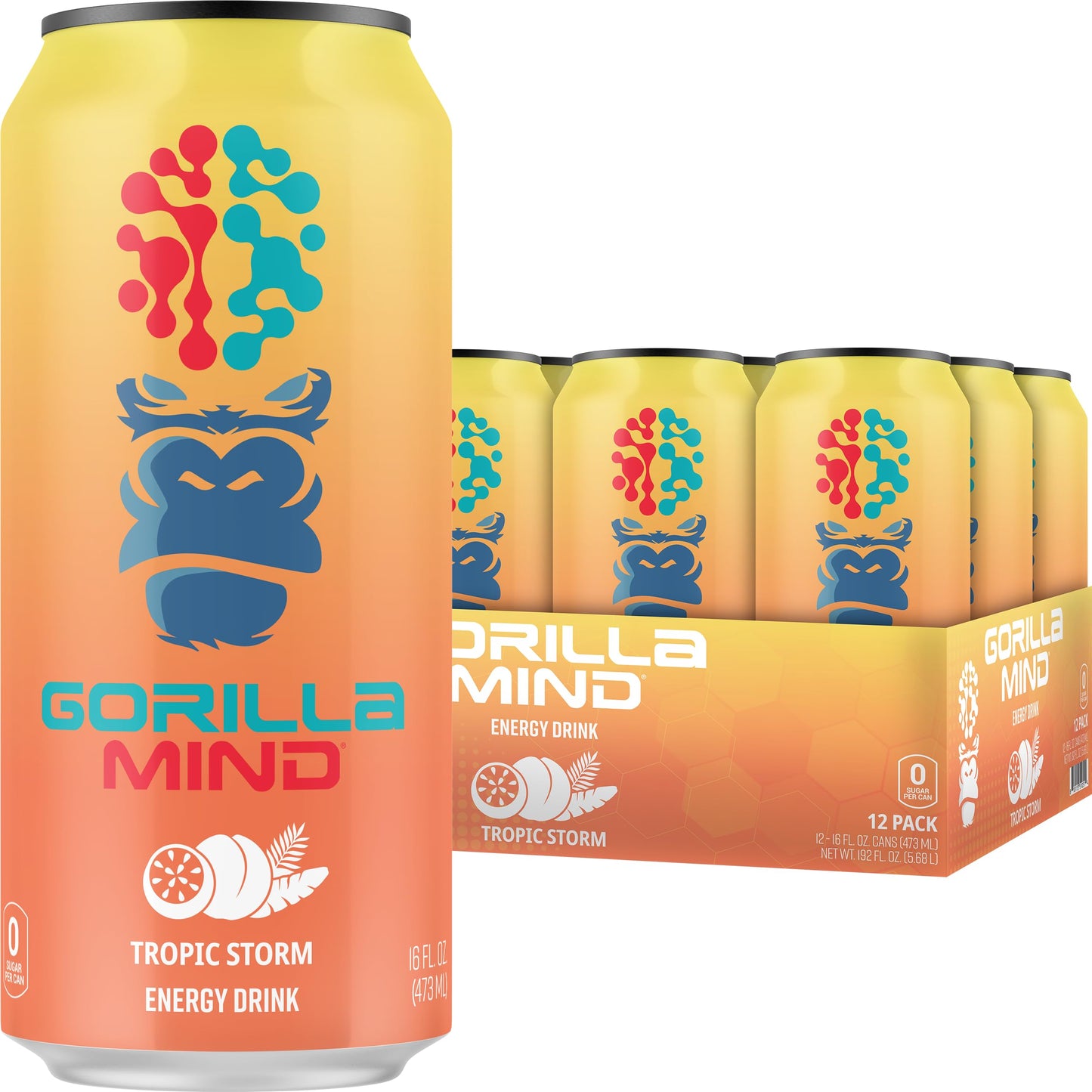 Gorilla Mind Energy Drink | Unmatched Energy Amplified Focus | N-Acetyl-L-Tyrosine Alpha-GPC 200mg Caffeine Uridine Saffron | 0 Sugar Or Artificial Colors | 16oz 12-Pack (Tropic Storm)