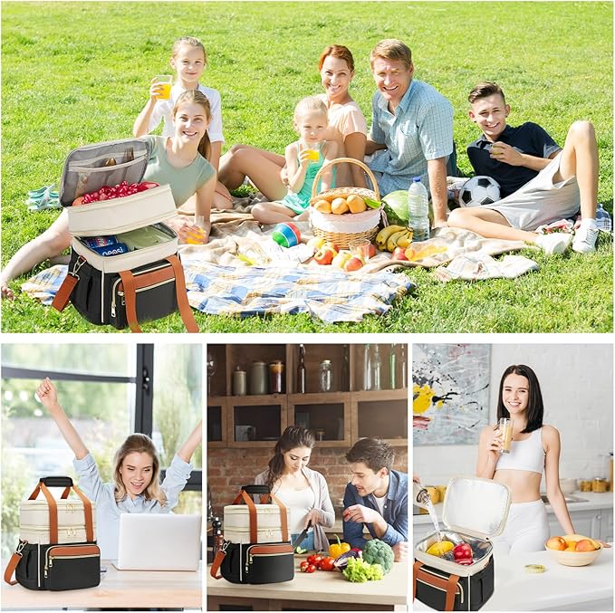 Insulated Lunch Bag & Lunch Box for Women - Double Deck Reusable Lunch Bag for men Tote Cooler Bag Leakproof Soft Expandable - Large Lunchbox for Work/Adult/Picnic/Outdoor (Coffee Black,15L)